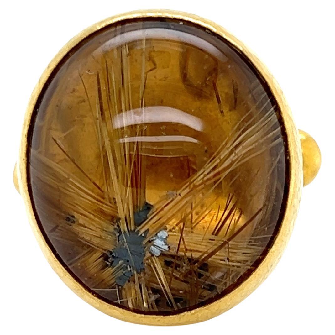 Gurhan Rune Gold Stone Cocktail Ring in 24k Gold with Rutilated Quartz