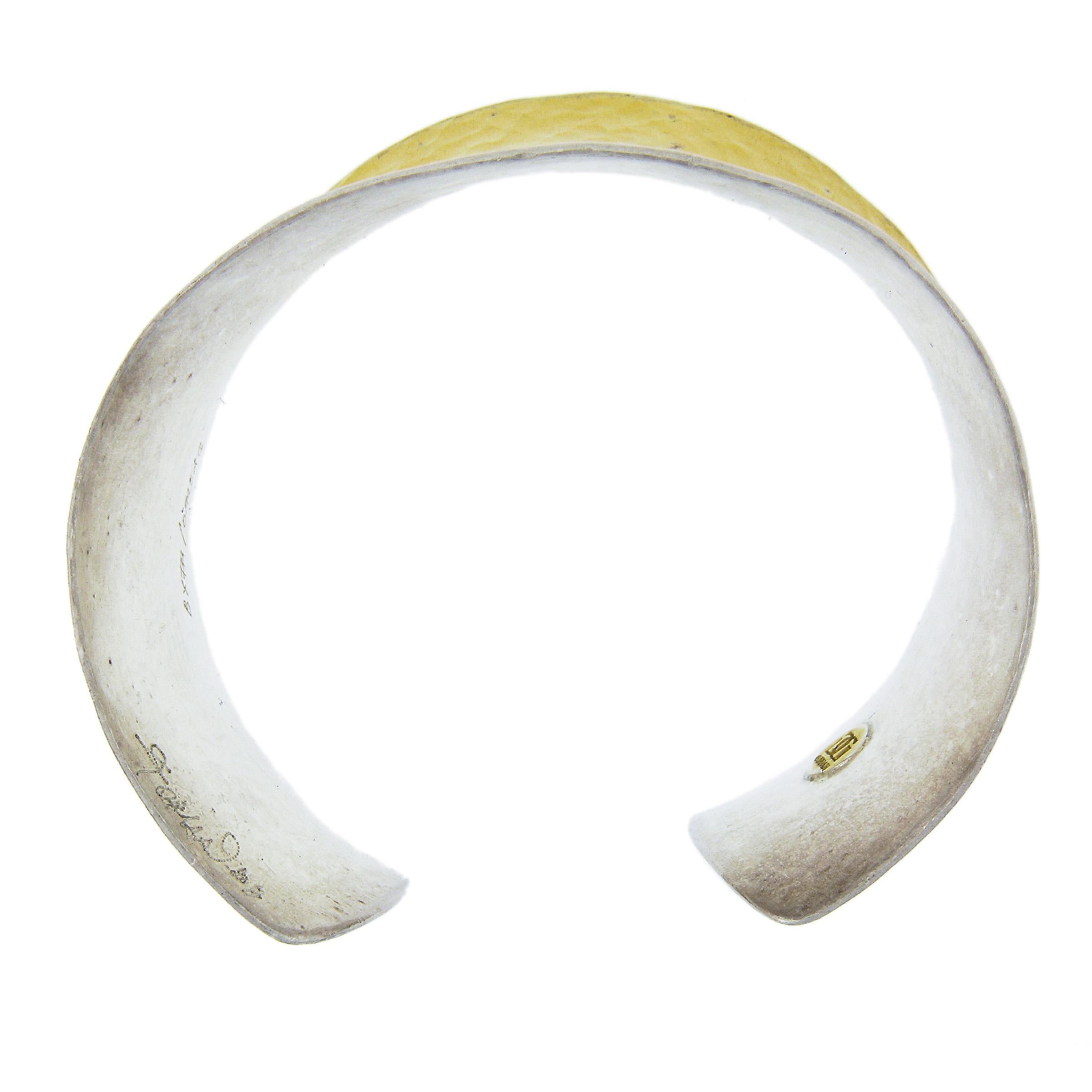 Women's or Men's Gurhan Silver & Yellow Gold Wide Hammered Finish Open Cuff Bangle Bracelet
