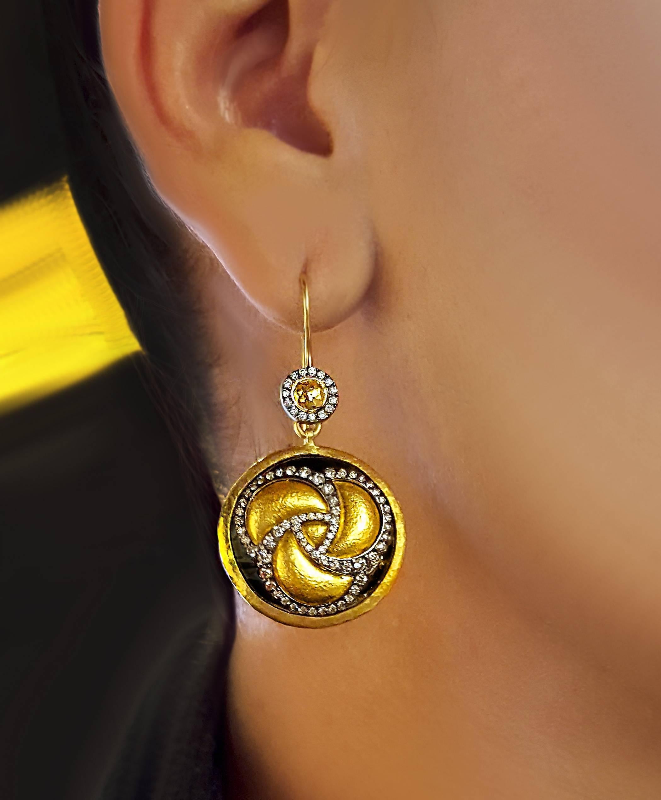 Artisan Gurhan Triskele Two-Tone 24 Karat Gold and Diamond Drop Earrings