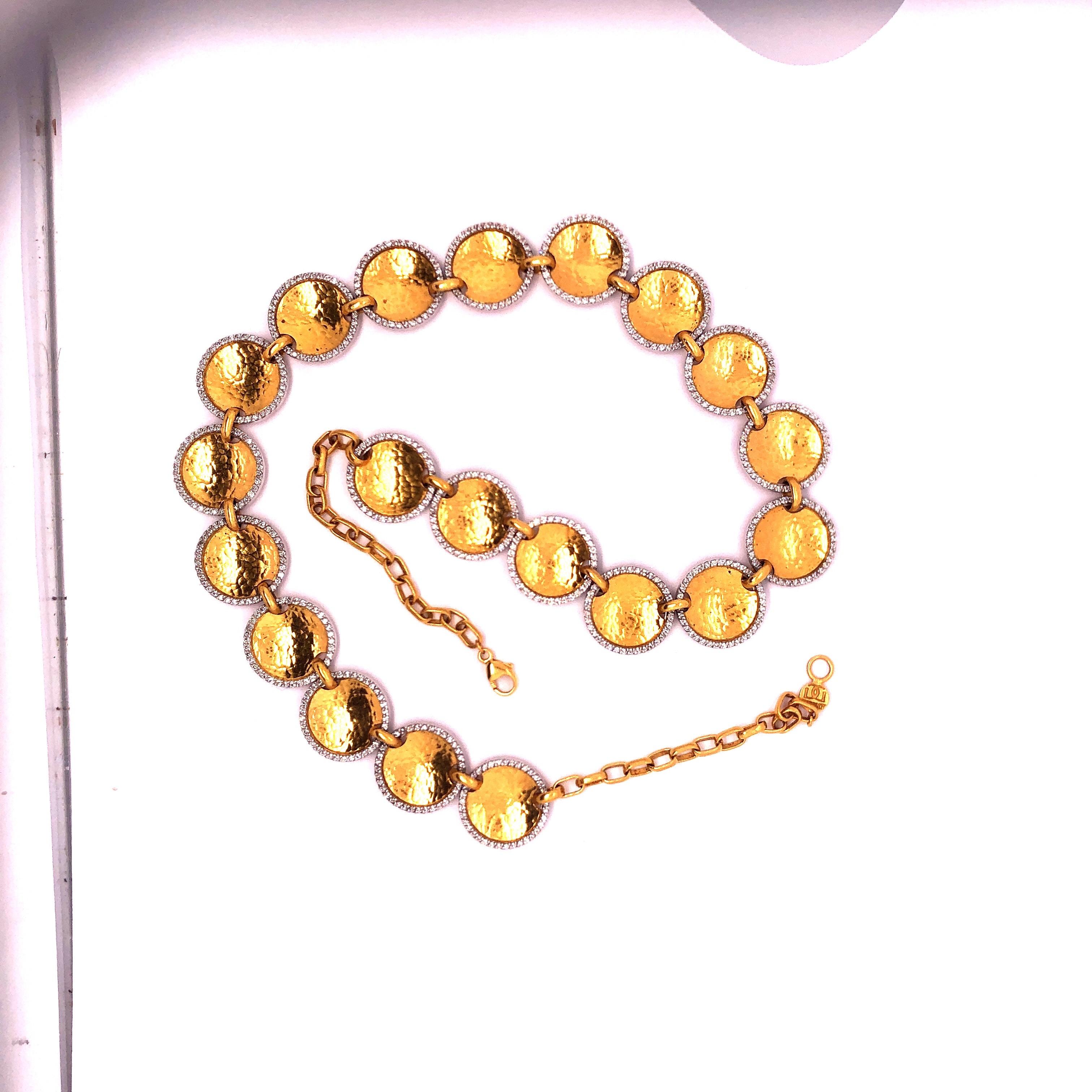 24K Yellow Gold and Diamond Necklace made by renowned designer Gurhan.  This preowned piece is absolutely stunning.  Stamped Gurhan. Gold is lightly hammered in classic Gurhan Style. 