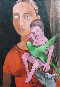 Sin título, Óleo sobre lienzo, color verde, rojo, negro Artista contemporáneo "En Stock"