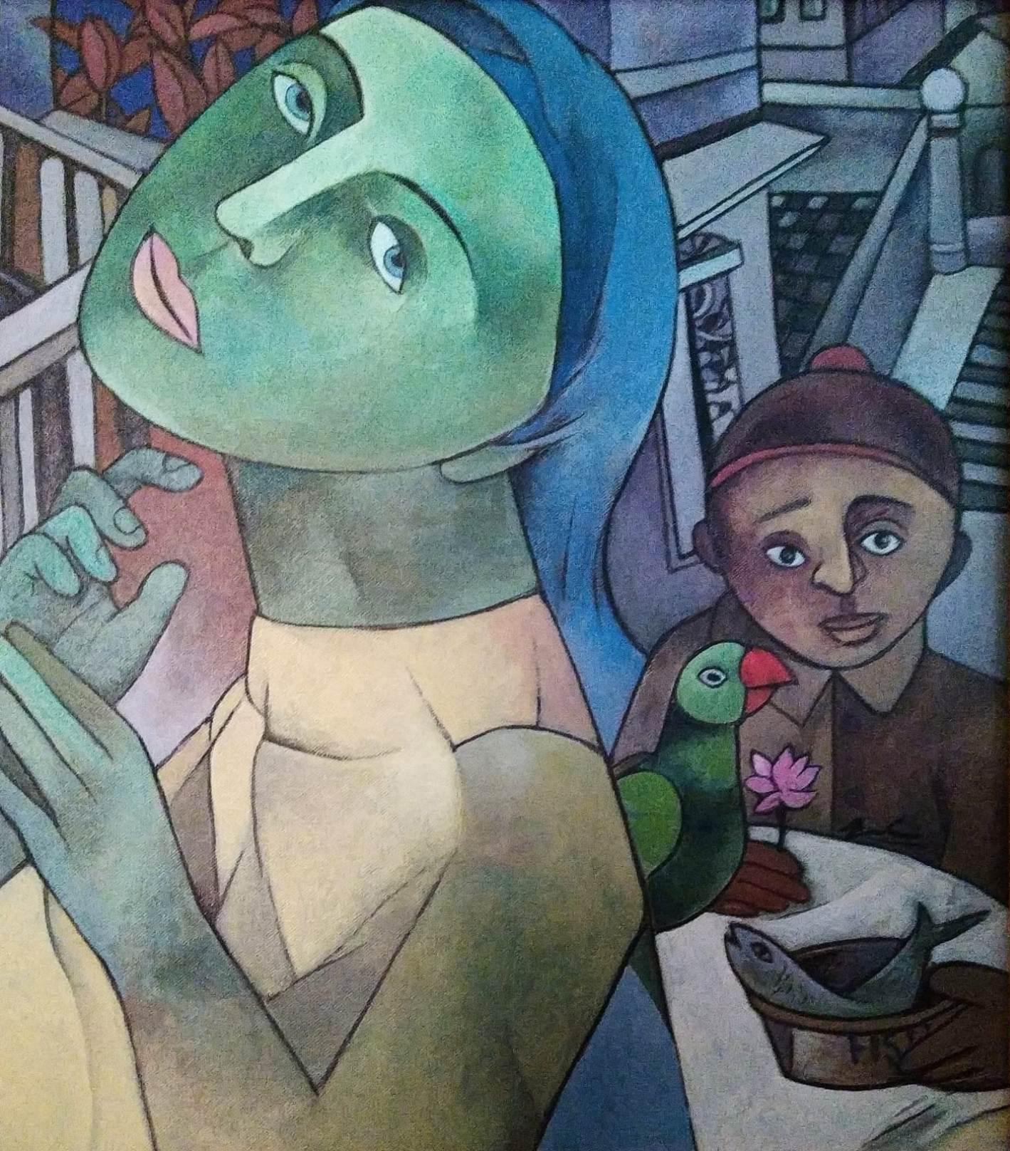 Sin Título, Oina sobre Lienzo, Color Amarillo, Verde, Rojo Artista Contemporáneo "En Stock" - Mixed Media Art de Gurucharan Singh