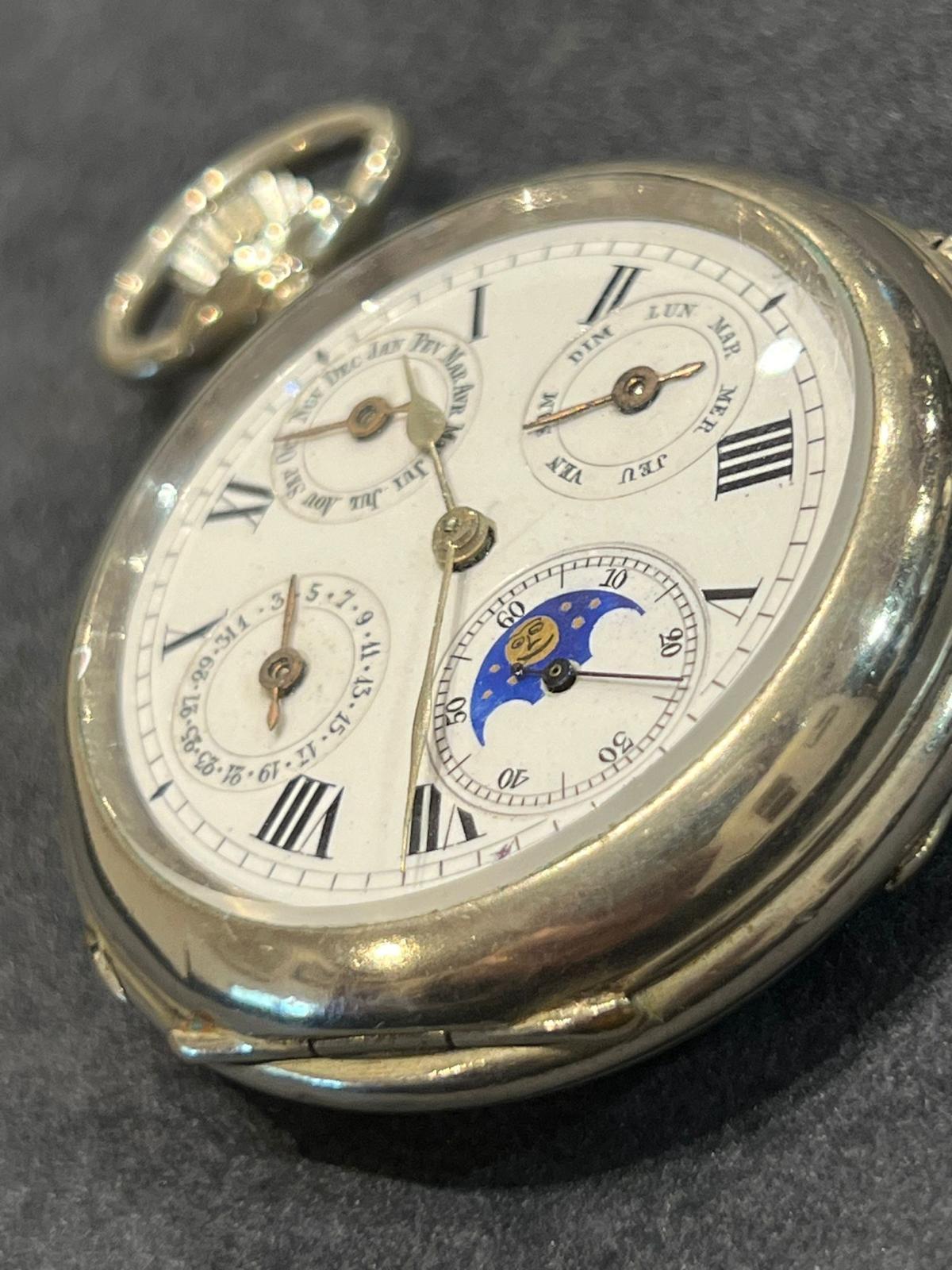 Victorian Gurzelen by Omega Swiss Triple Calendar Antique XIXc 50mm Open Face Pocket Watch For Sale