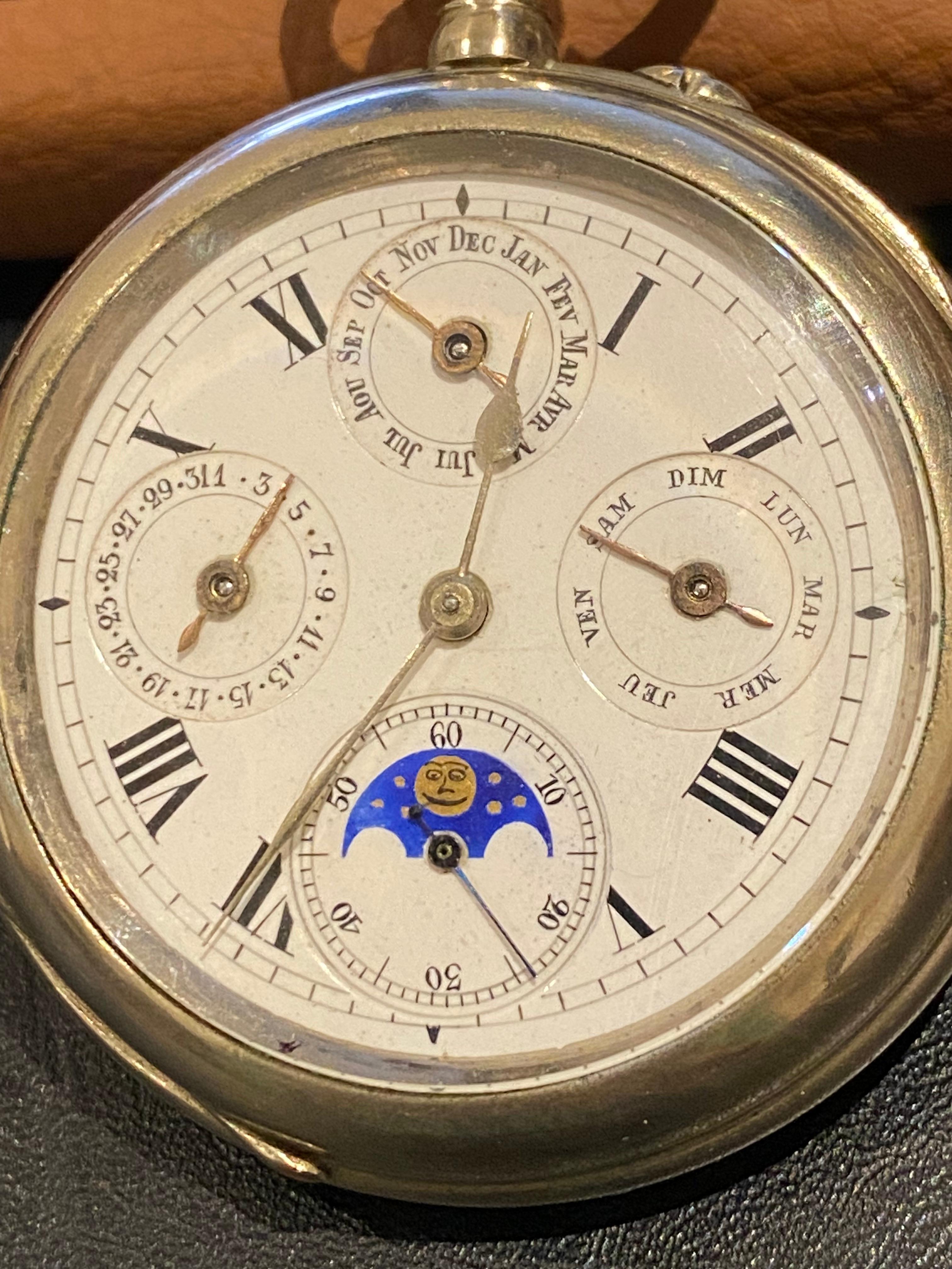 Gurzelen by Omega Swiss Triple Calendar Antique XIXc 50mm Open Face Pocket Watch In Excellent Condition For Sale In MELBOURNE, AU