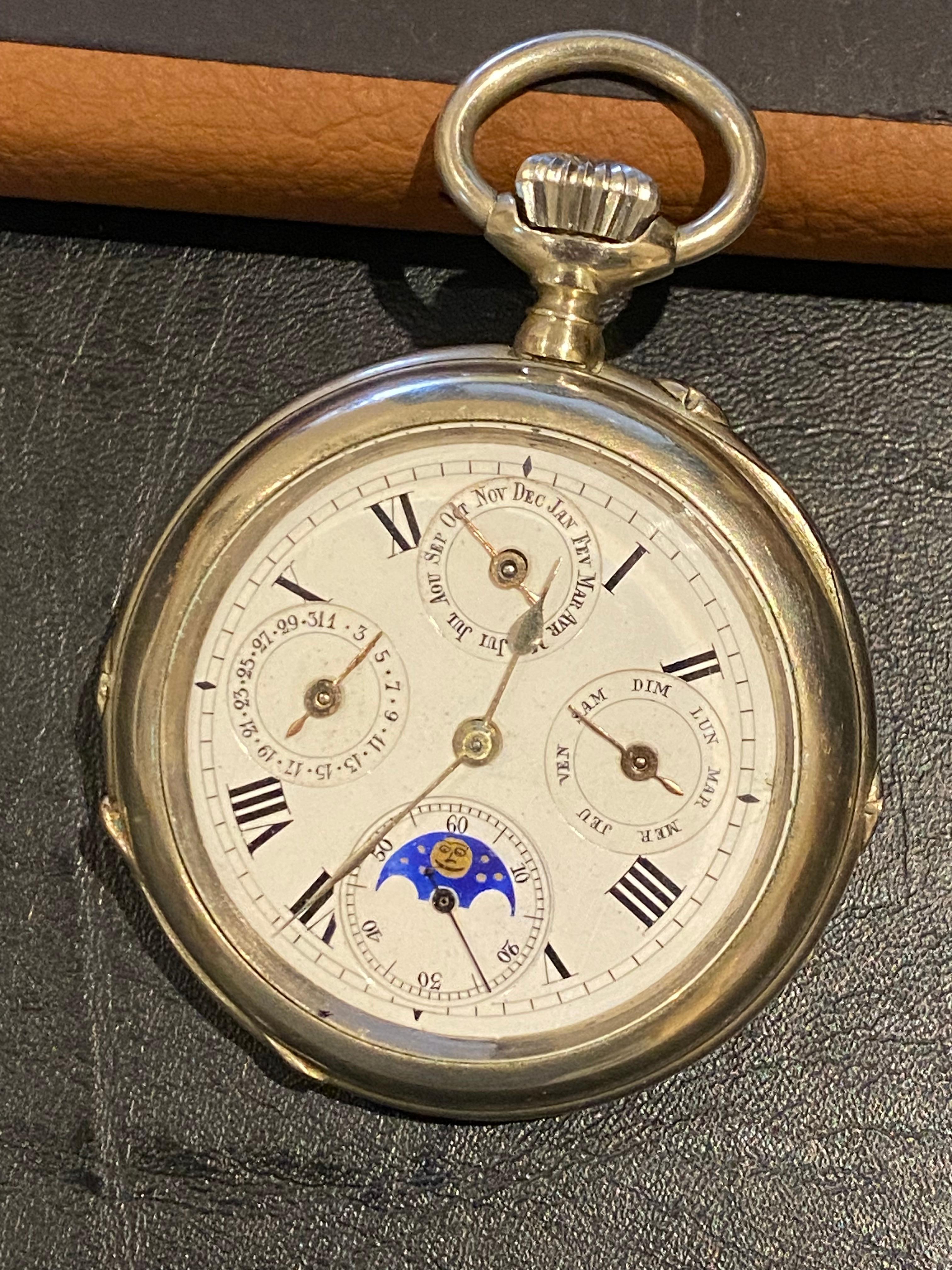 Women's or Men's Gurzelen by Omega Swiss Triple Calendar Antique XIXc 50mm Open Face Pocket Watch For Sale