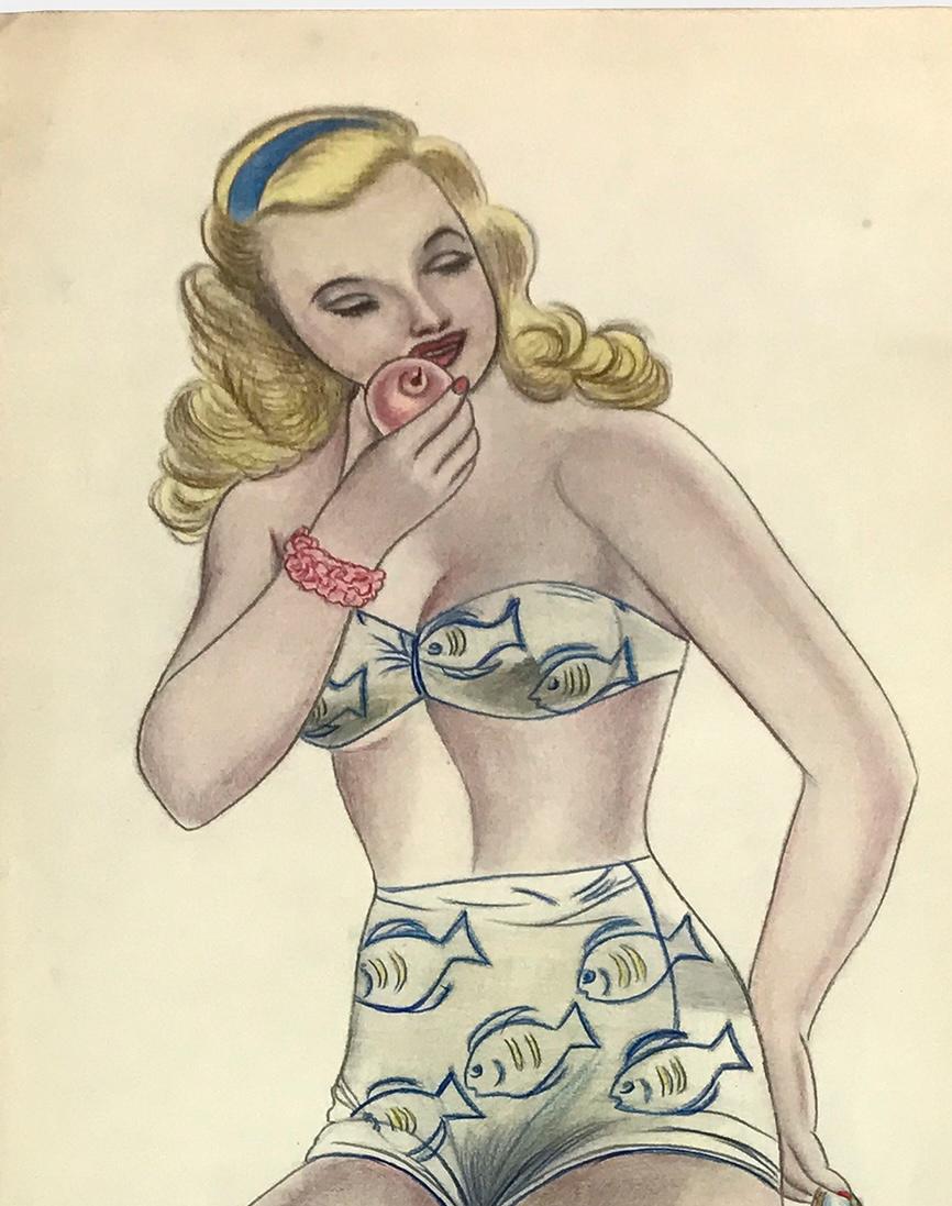 Gus George - Dibujo de Pin up sobre papel hacia 1948. De un grupo de  unas 20 obras descubiertas recientemente en la parte alta del estado de Nueva York.
