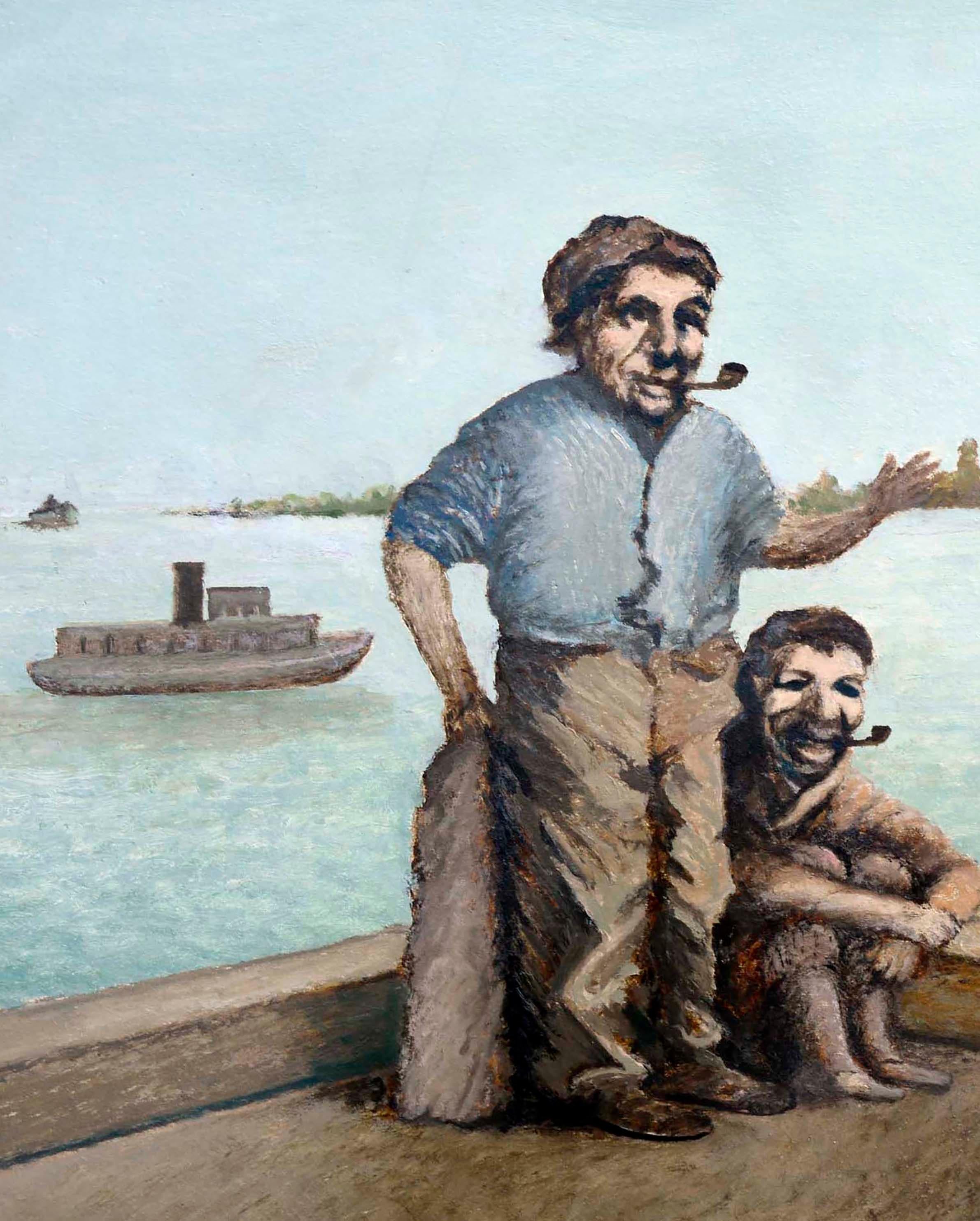 Figurative Landschaft der Bucht des frühen 20. Jahrhunderts – Gespräch am Pier (Amerikanischer Impressionismus), Painting, von Gus Johnson