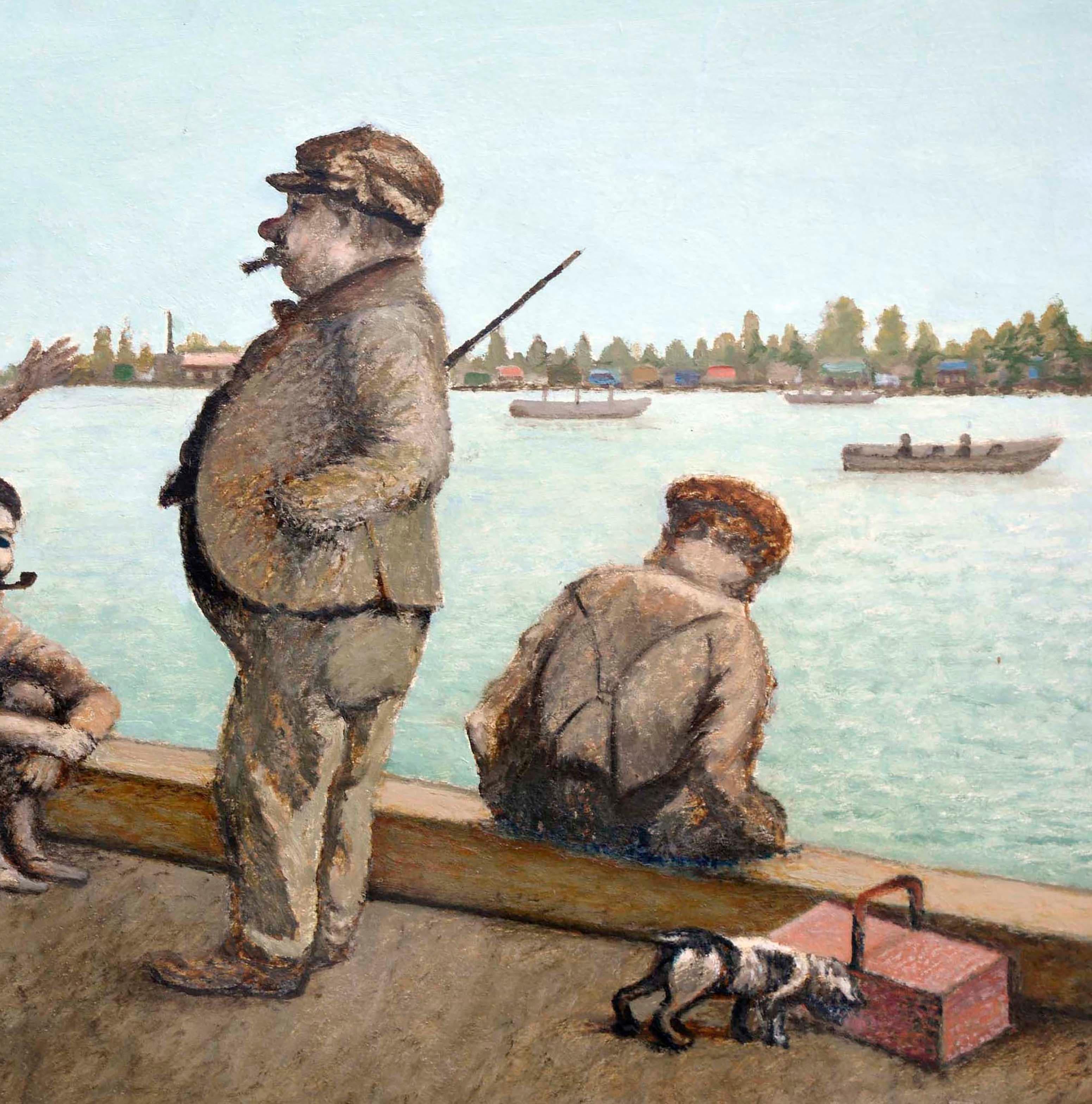 Figurative Landschaft der Bucht des frühen 20. Jahrhunderts – Gespräch am Pier (Grau), Figurative Painting, von Gus Johnson