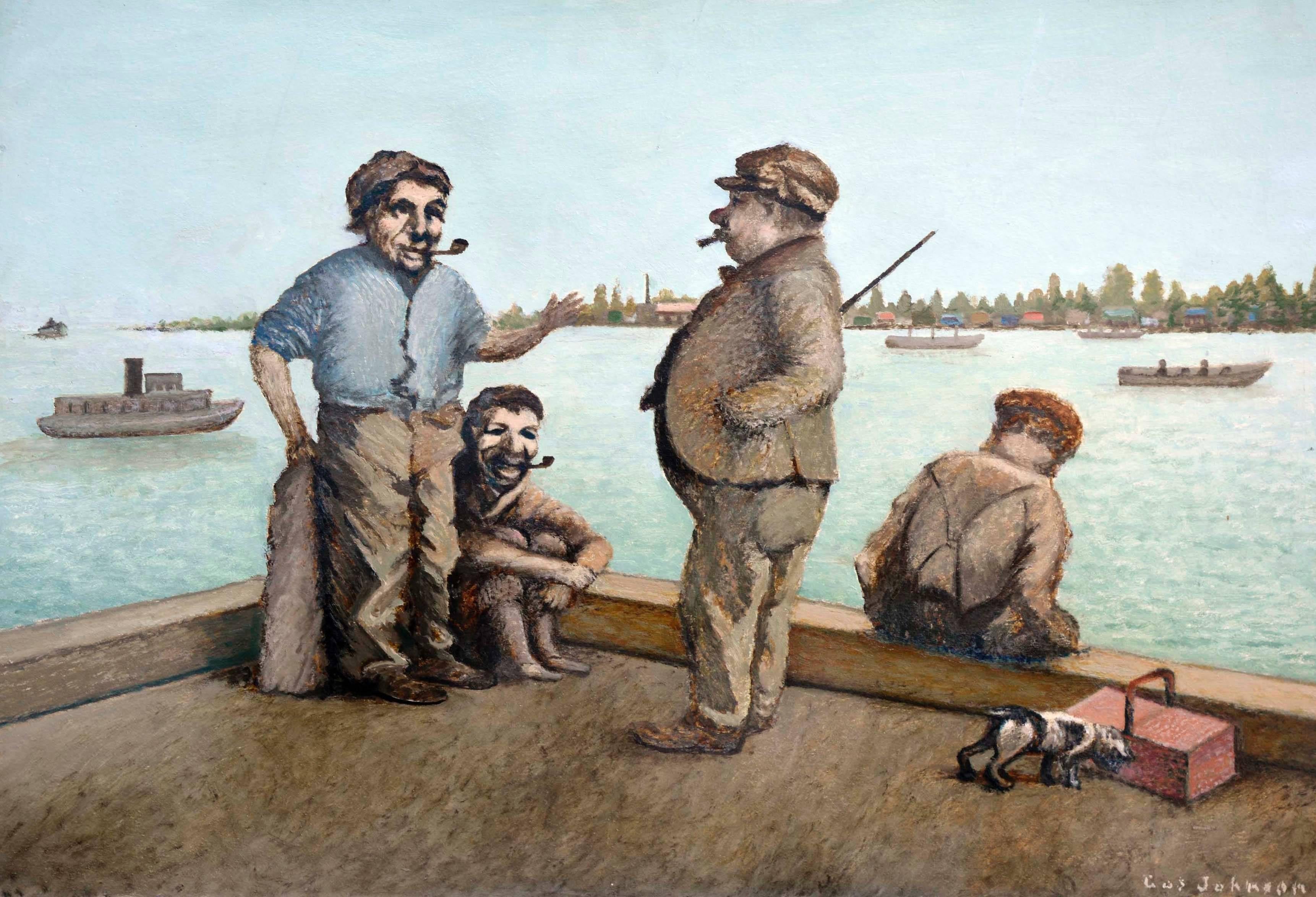 Conversation on the San Francisco Pier, Oil on Canvas, Signed, 1928

Early 20th Century oil painting of men having a conversation on the San Francisco, California pier with boats in the distance by Gus Johnson (American, 19th century), 1928. Signed
