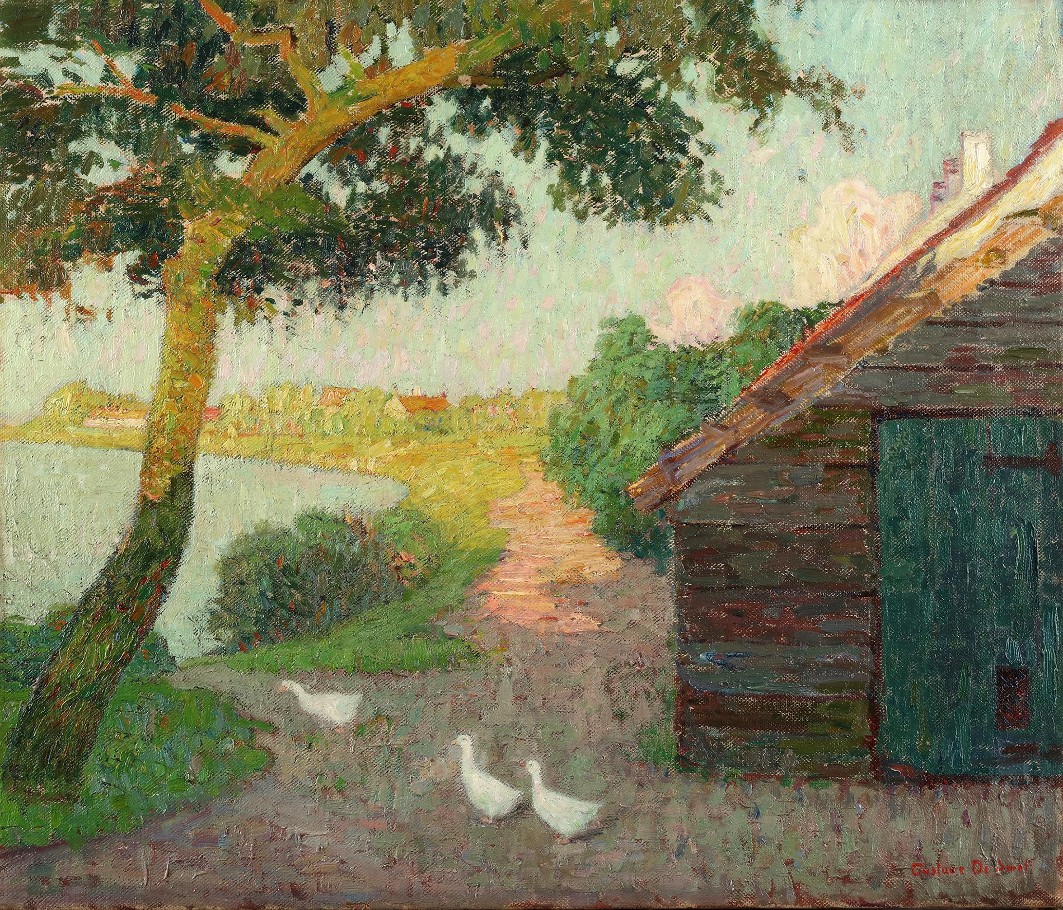 Oil on canvas
Signed lower right: “Gustave De Smet”


“Geese going into the Leie,” by Gustave De Smet captures a serene moment in the Belgian countryside. The painting invites viewers to witness a simple yet captivating scene: three geese making