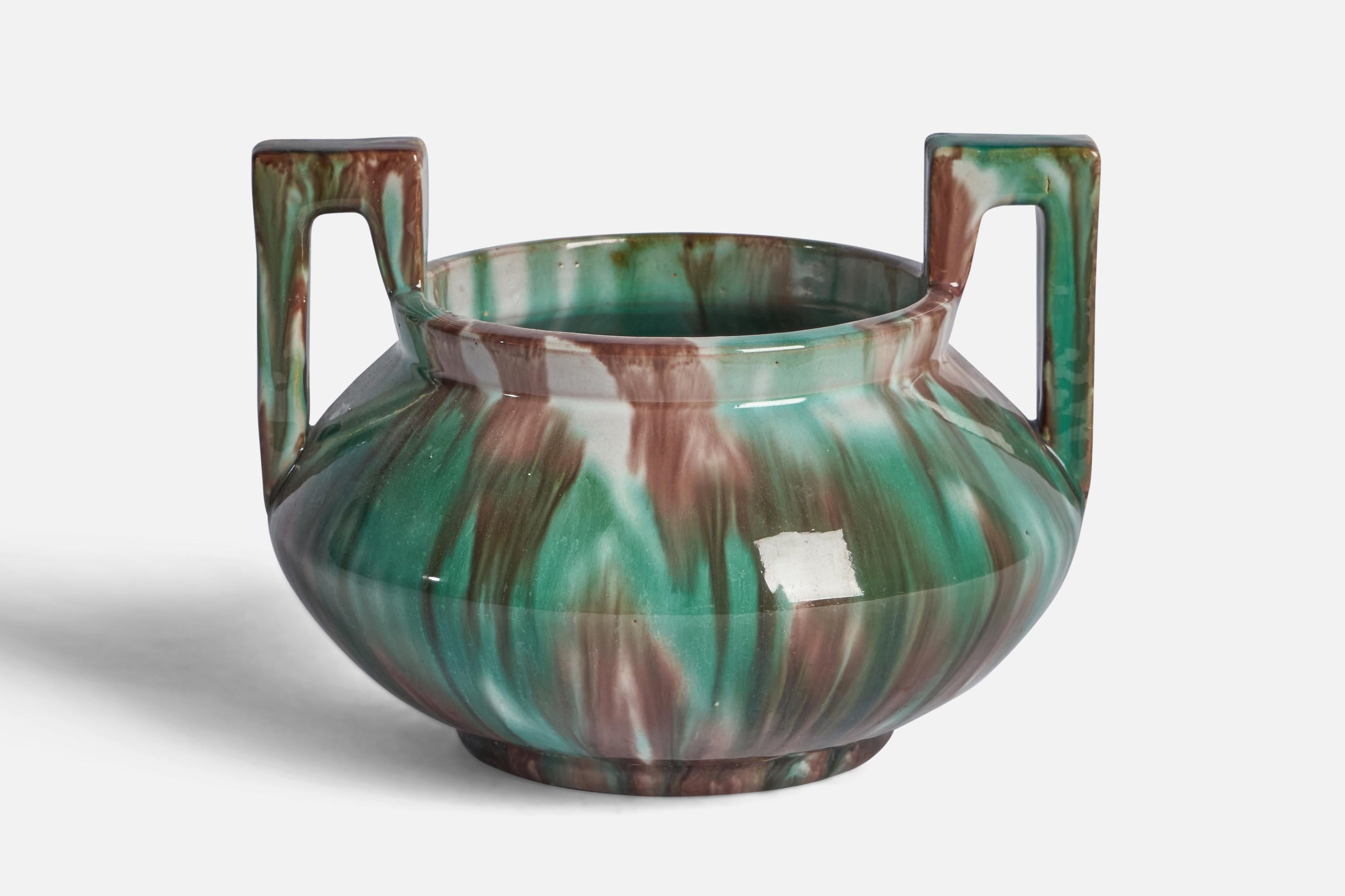 A green and brown-glazed earthenware vase designed and produced by Gustaf Ahlberg, Höganäs, Sweden, c. 1920s.