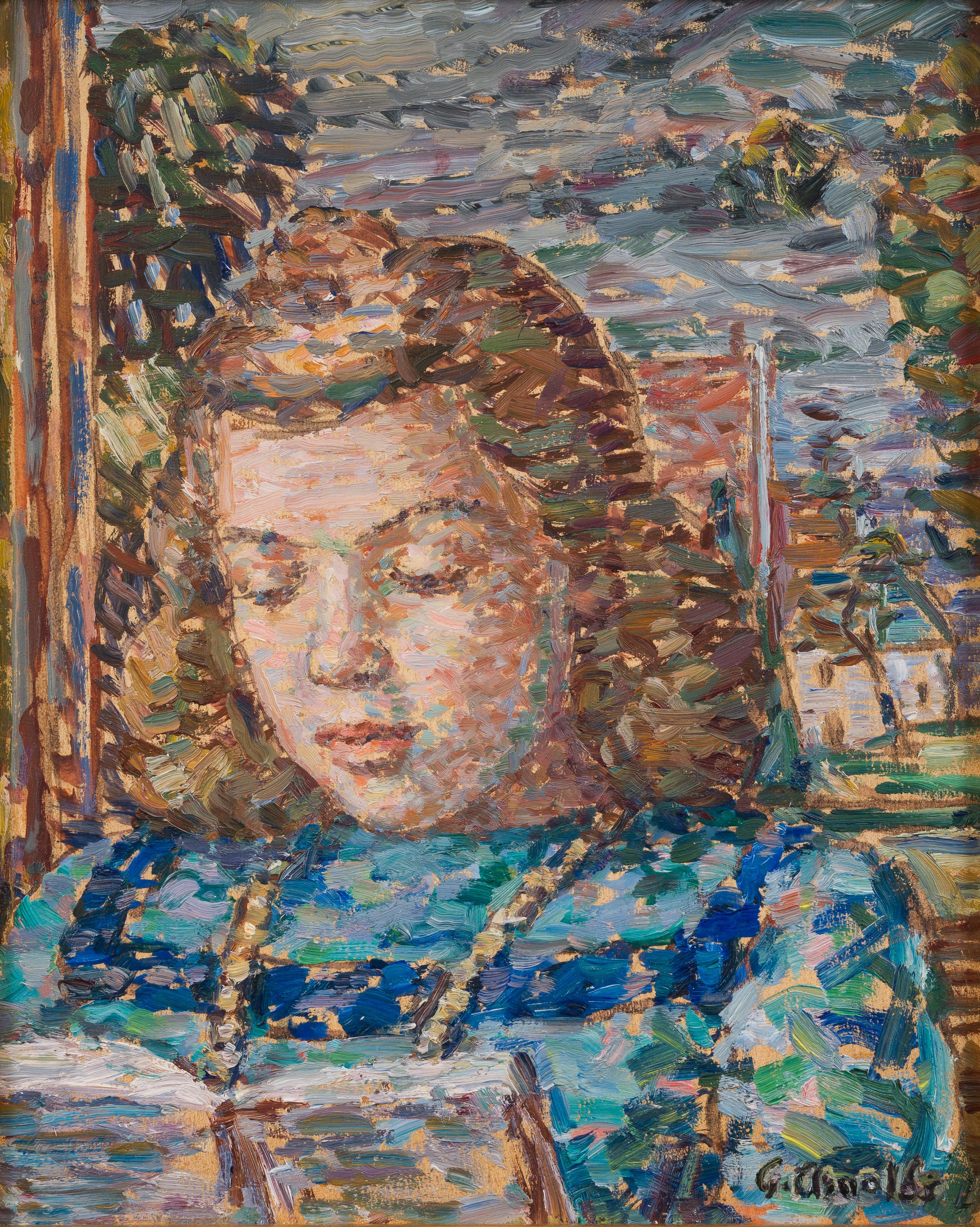 Gustaf Arnolds Portrait Painting – Ein junges Mädchen beim Lesen eines Buches, pointillistischer Künstler