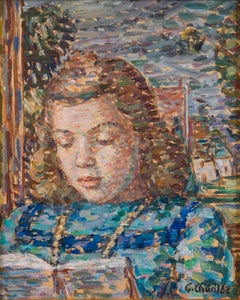 Vintage A Young Girl Reading a Book, Pointillist Artist