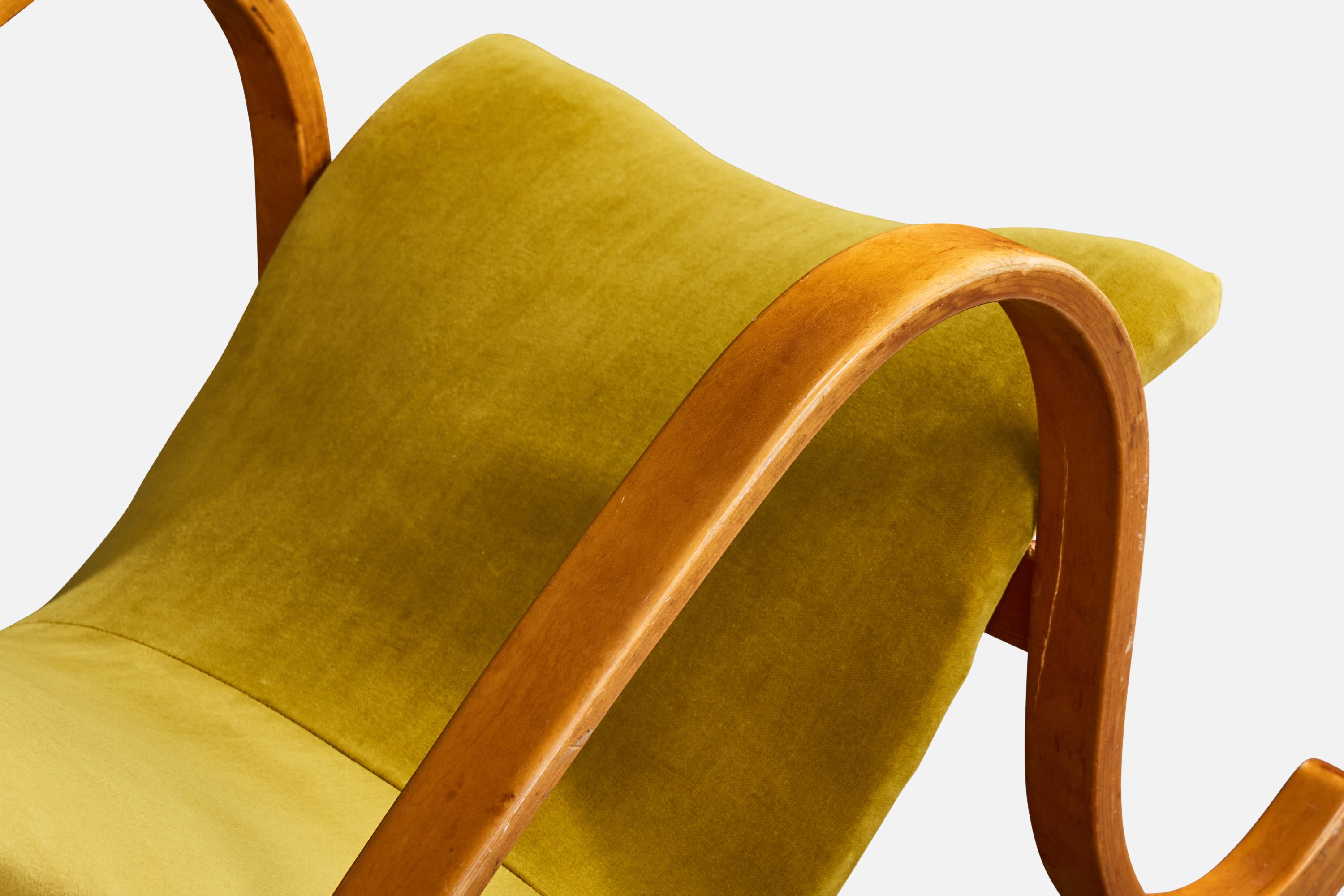 Atribución Gustaf Axel Berg, mecedora, abedul, terciopelo, Suecia, años 40 en venta 4