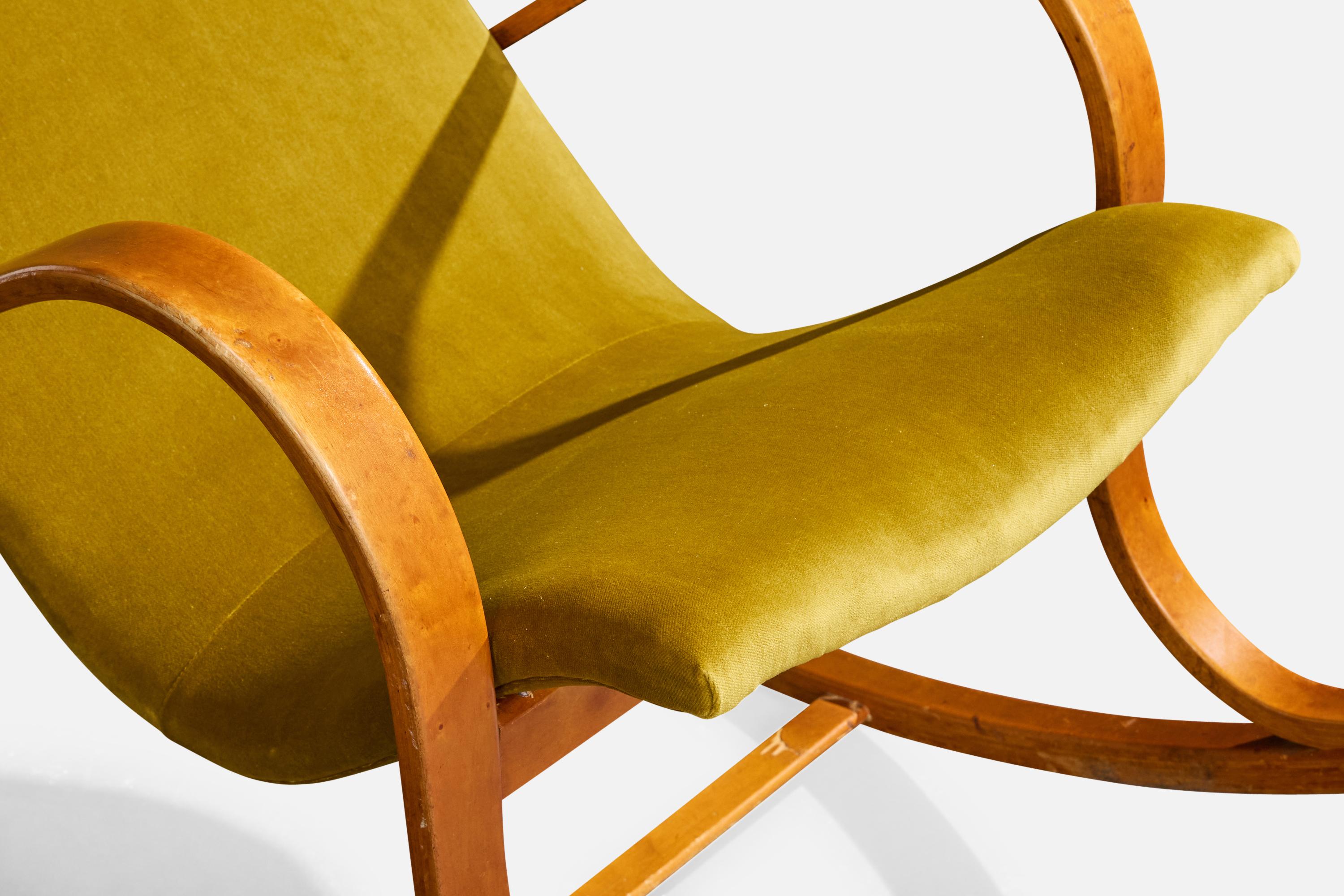 Atribución Gustaf Axel Berg, mecedora, abedul, terciopelo, Suecia, años 40 en venta 5