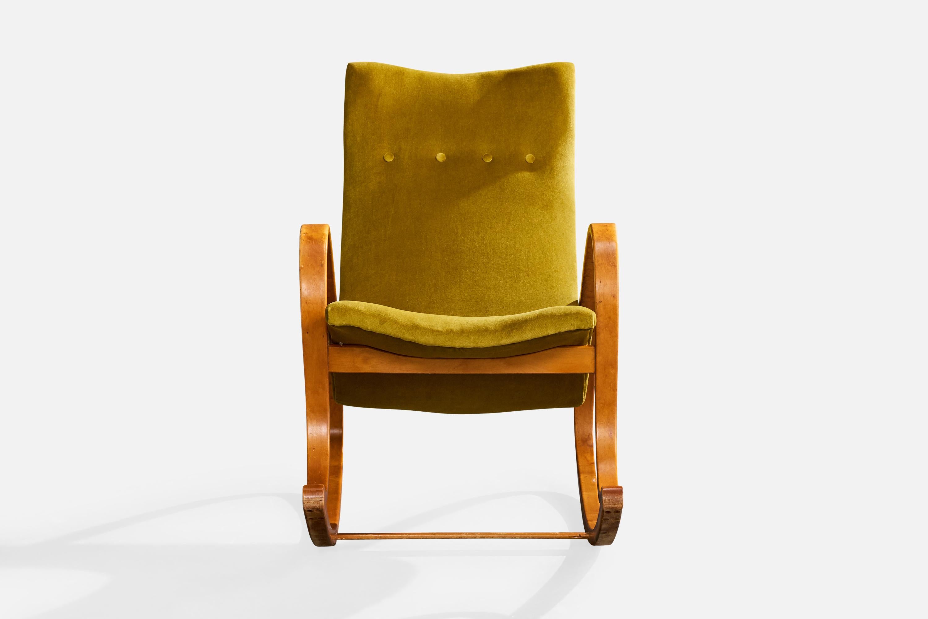 Atribución Gustaf Axel Berg, mecedora, abedul, terciopelo, Suecia, años 40 mediados del siglo XX en venta