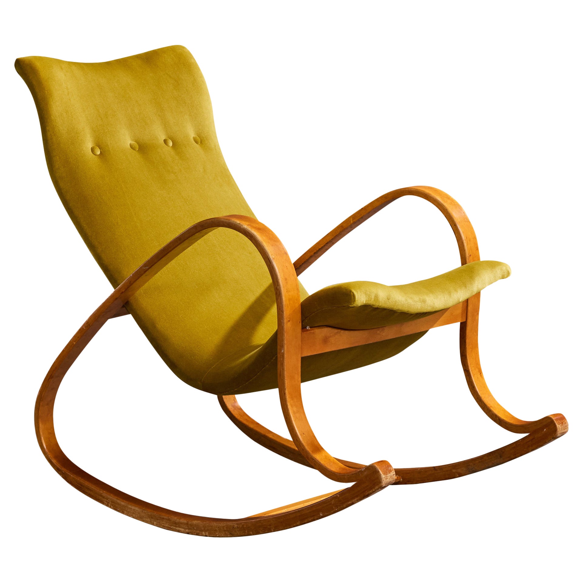 Atribución Gustaf Axel Berg, mecedora, abedul, terciopelo, Suecia, años 40 en venta