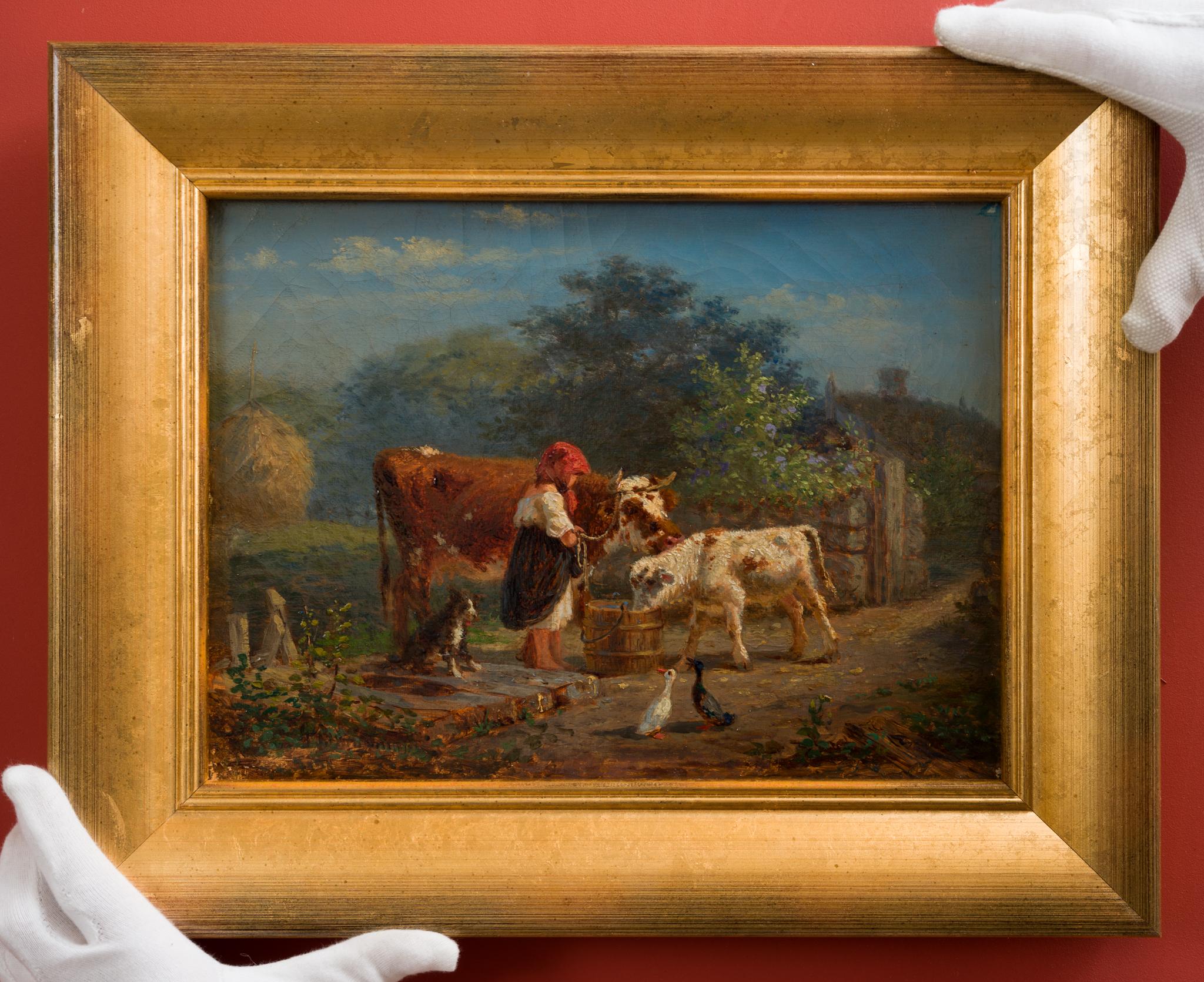 Une jeune femme avec ses animaux, peinture à l'huile originale de 1862 - Painting de Gustaf Brandelius