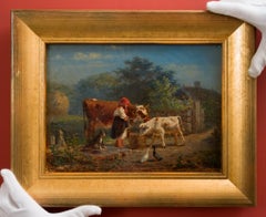 Una giovane donna con i suoi animali, dipinto a olio originale del 1862