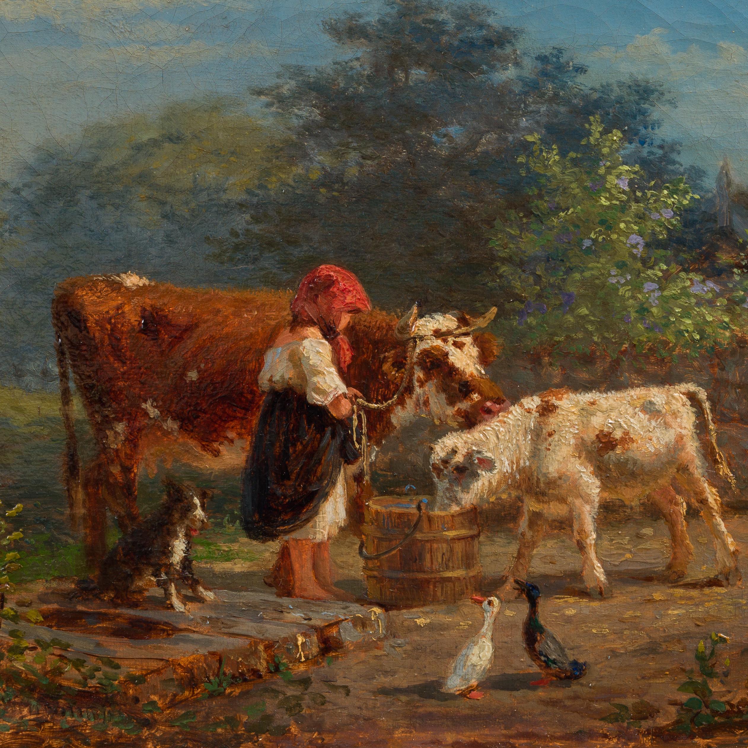 A Young Woman With Her Animals, Original Oil Painting From 1862 For Sale 1