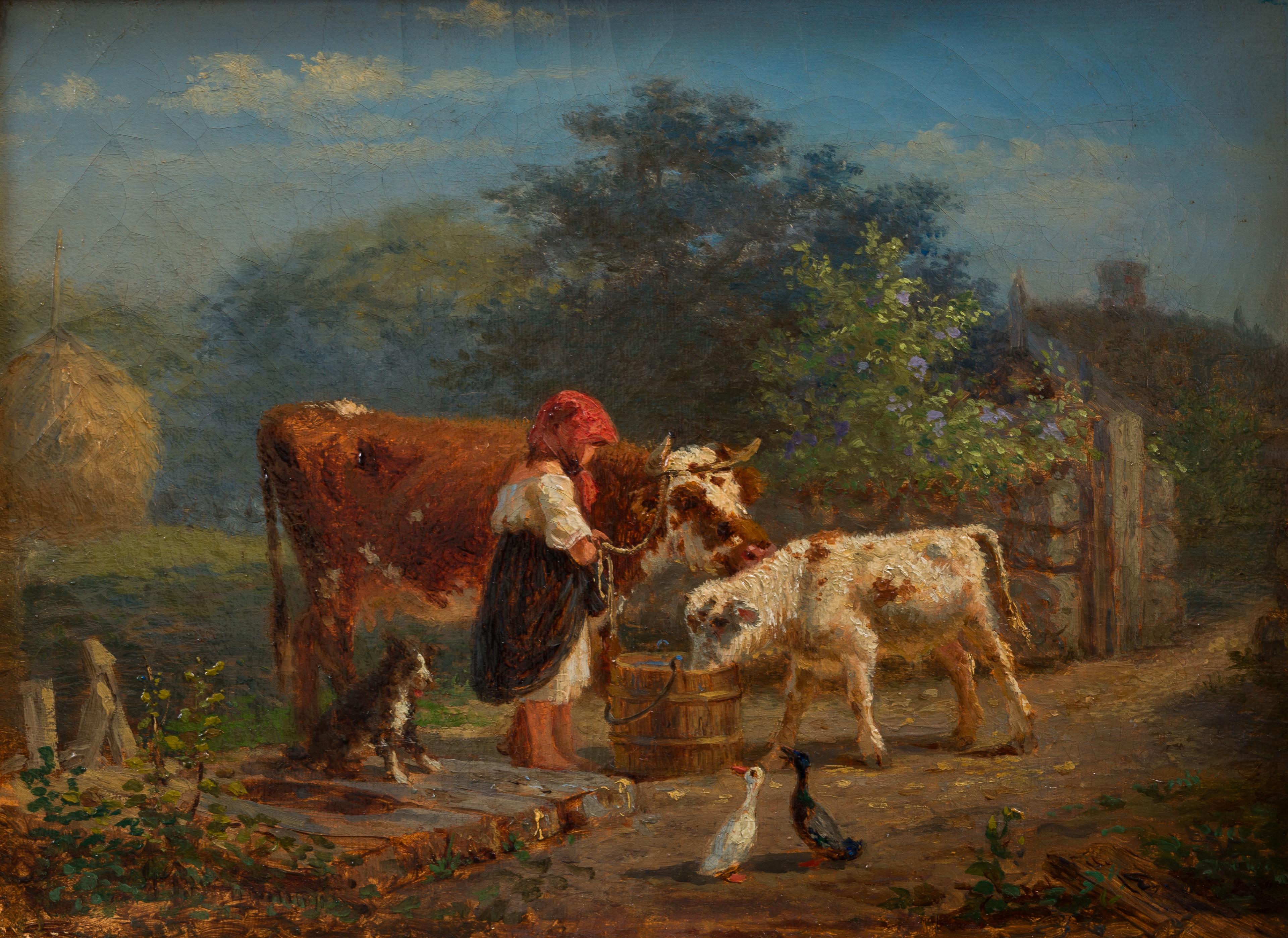 Animal Painting Gustaf Brandelius - Une jeune femme avec ses animaux, peinture à l'huile originale de 1862