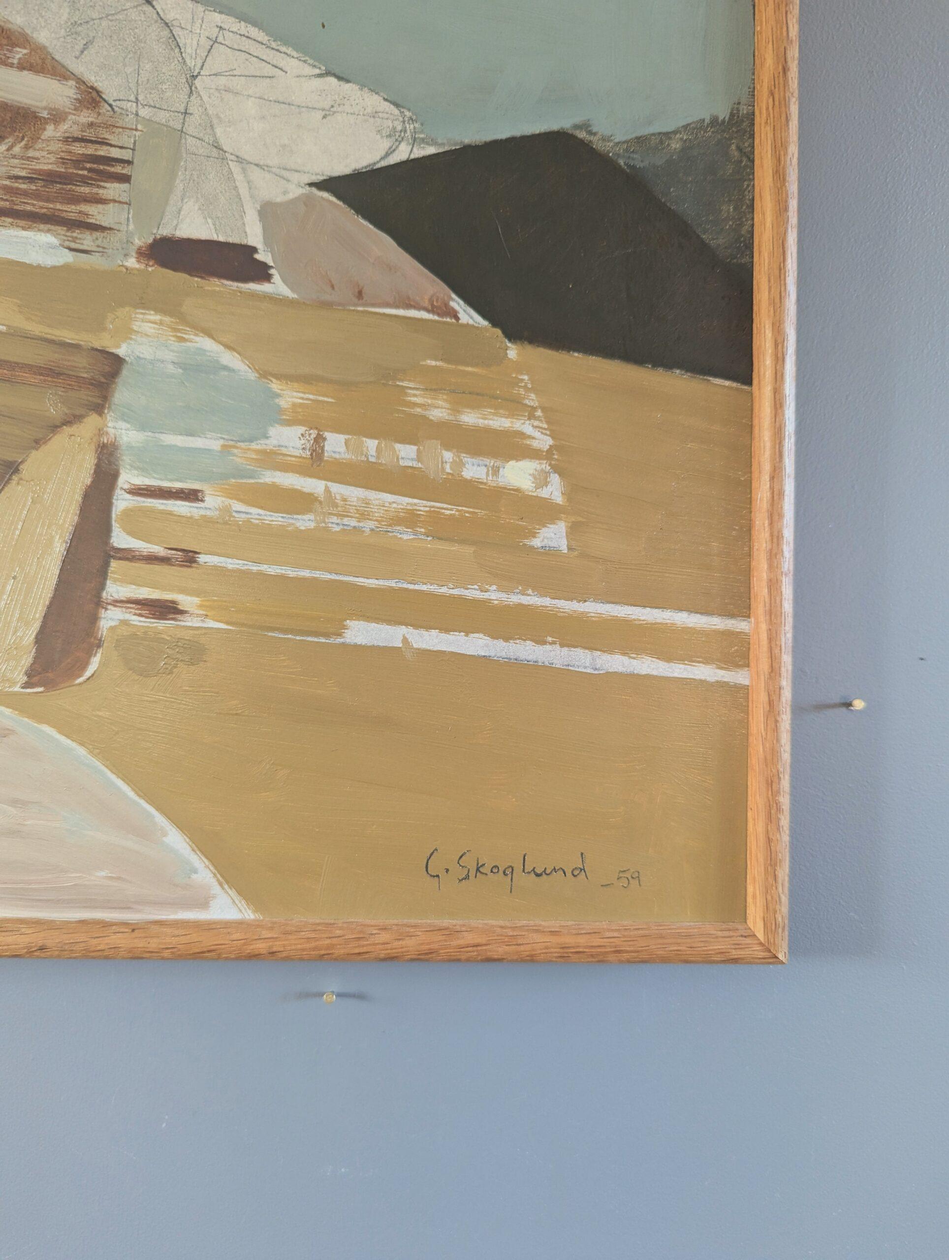 ESTRAZIONE COSTIERA
Olio su tavola
Dimensioni: 36,5 x 49,5 cm (cornice inclusa)

Un'impressionante e brillante composizione astratta modernista di metà secolo che cattura un aspro paesaggio costiero attraverso un gioco geometrico di forme angolari e