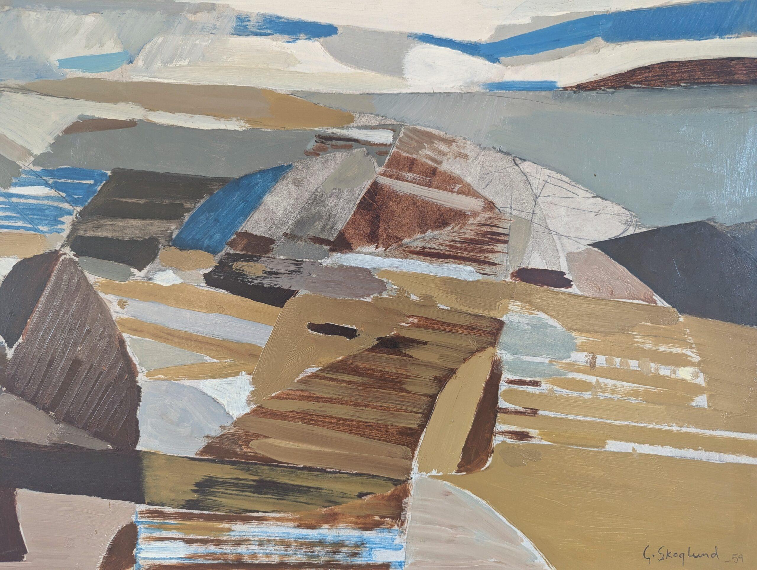 1959 Pittura ad olio di paesaggio astratto della metà del secolo scorso - Astrazione costiera in vendita 2