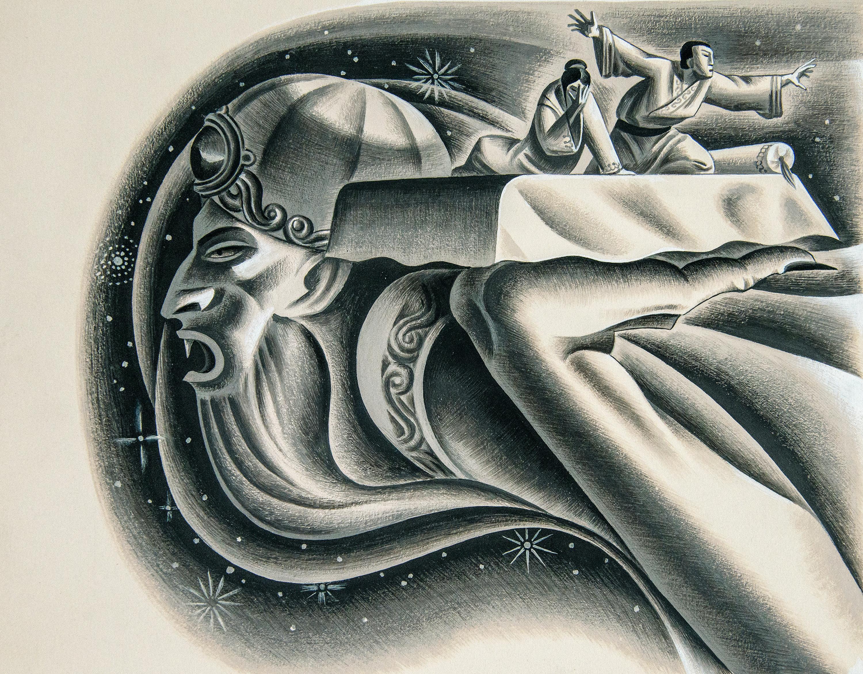 Gustaf Tenggren- zugeschrieben Diese meisterhaft gestaltete und grafische Interpretation des  Die Sage von Tausendundeiner Nacht zeigt ein monumentales Figurenprofil, während darüber kleine Figuren auf einem fliegenden Teppich schweben.    Gustaf