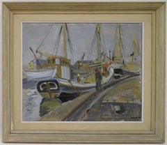 Vintage Swedish Mid Century impressionist oil painting  "Norrkoping Harbour Sweden"