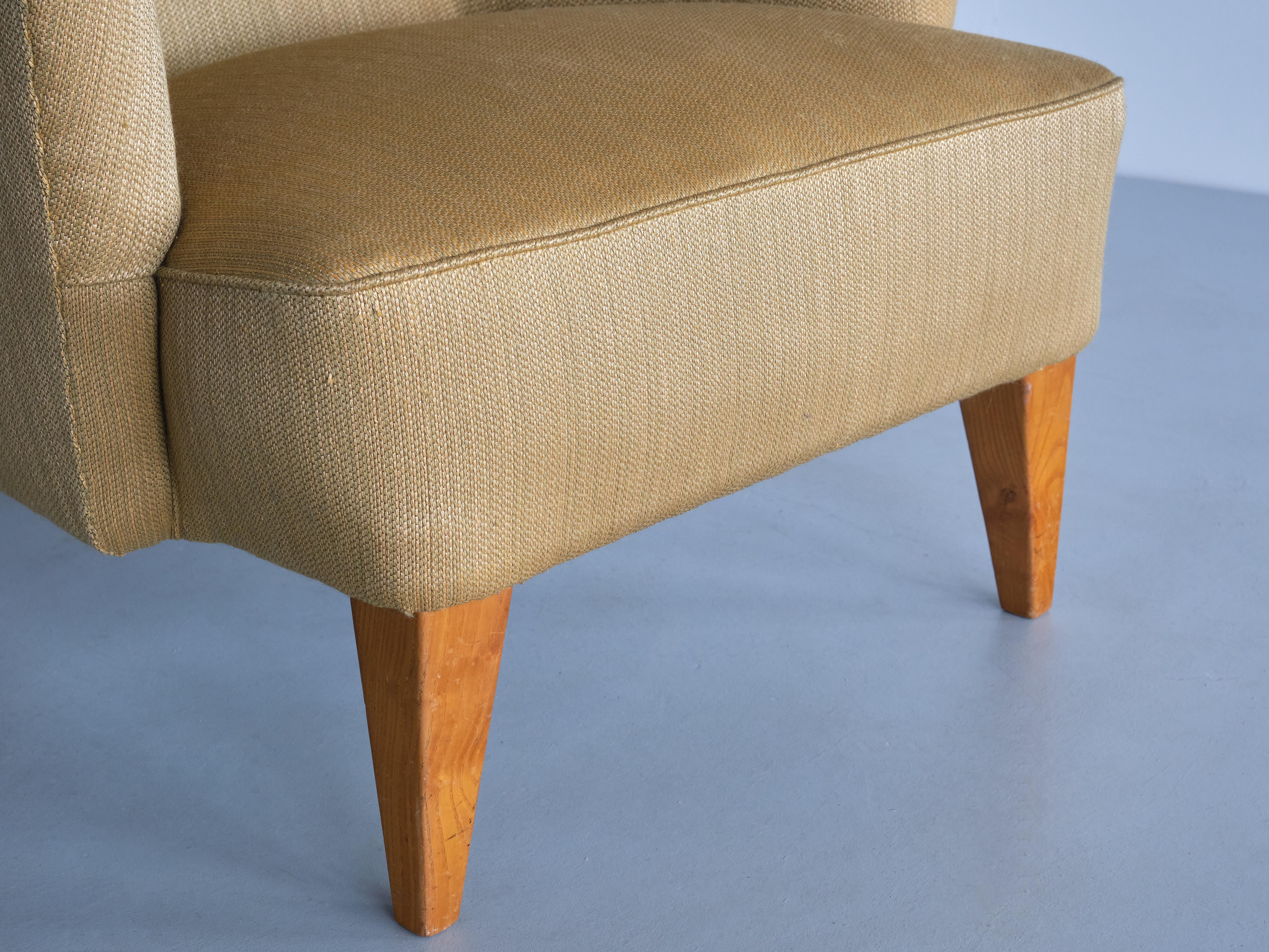 Gustav Axel Berg Attributed Wingback Chair in Yellow Wool and Elm, Sweden, 1940s For Sale 5