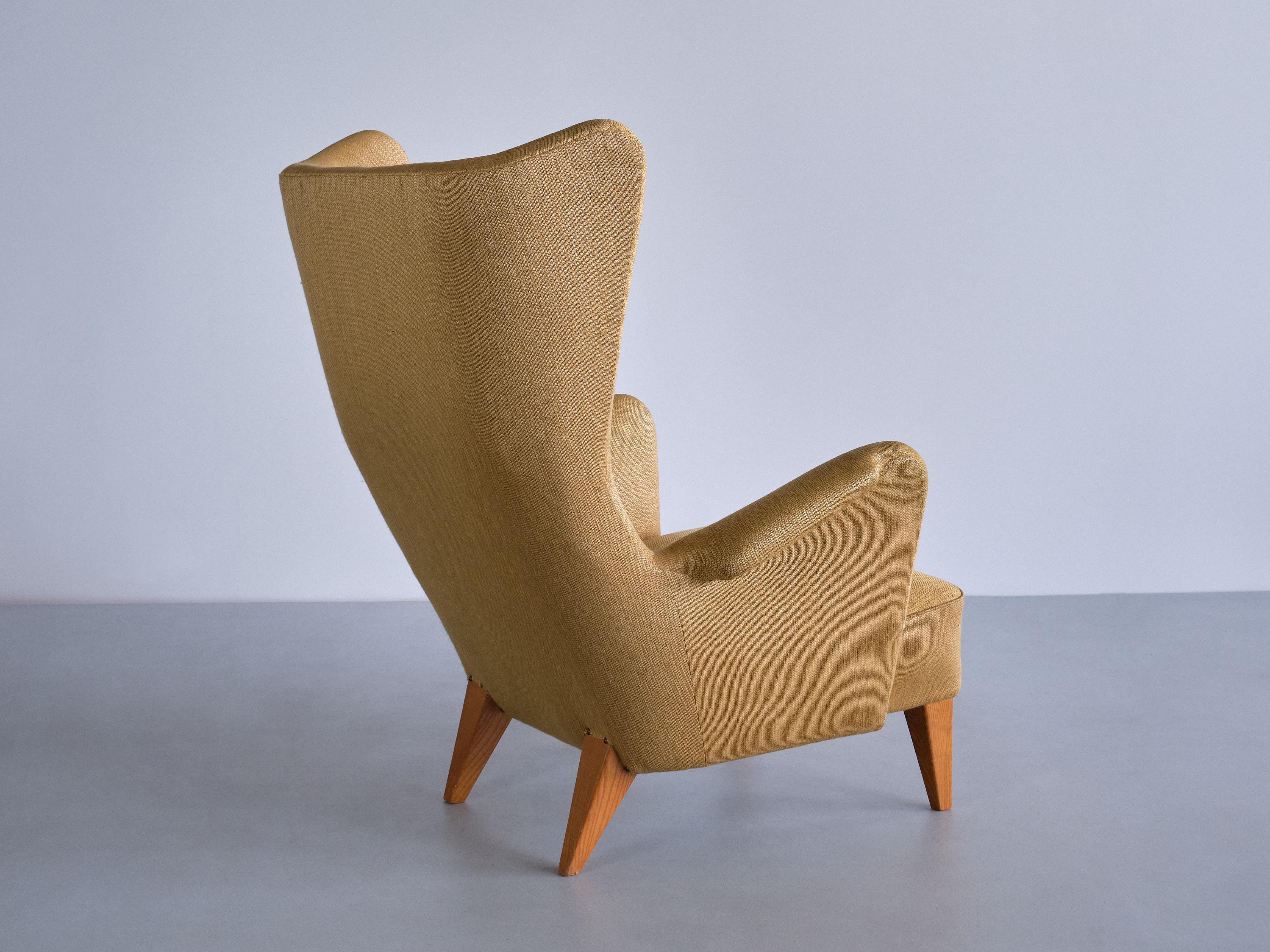 Fabric Gustav Axel Berg Attributed Wingback Chair in Yellow Wool and Elm, Sweden, 1940s For Sale