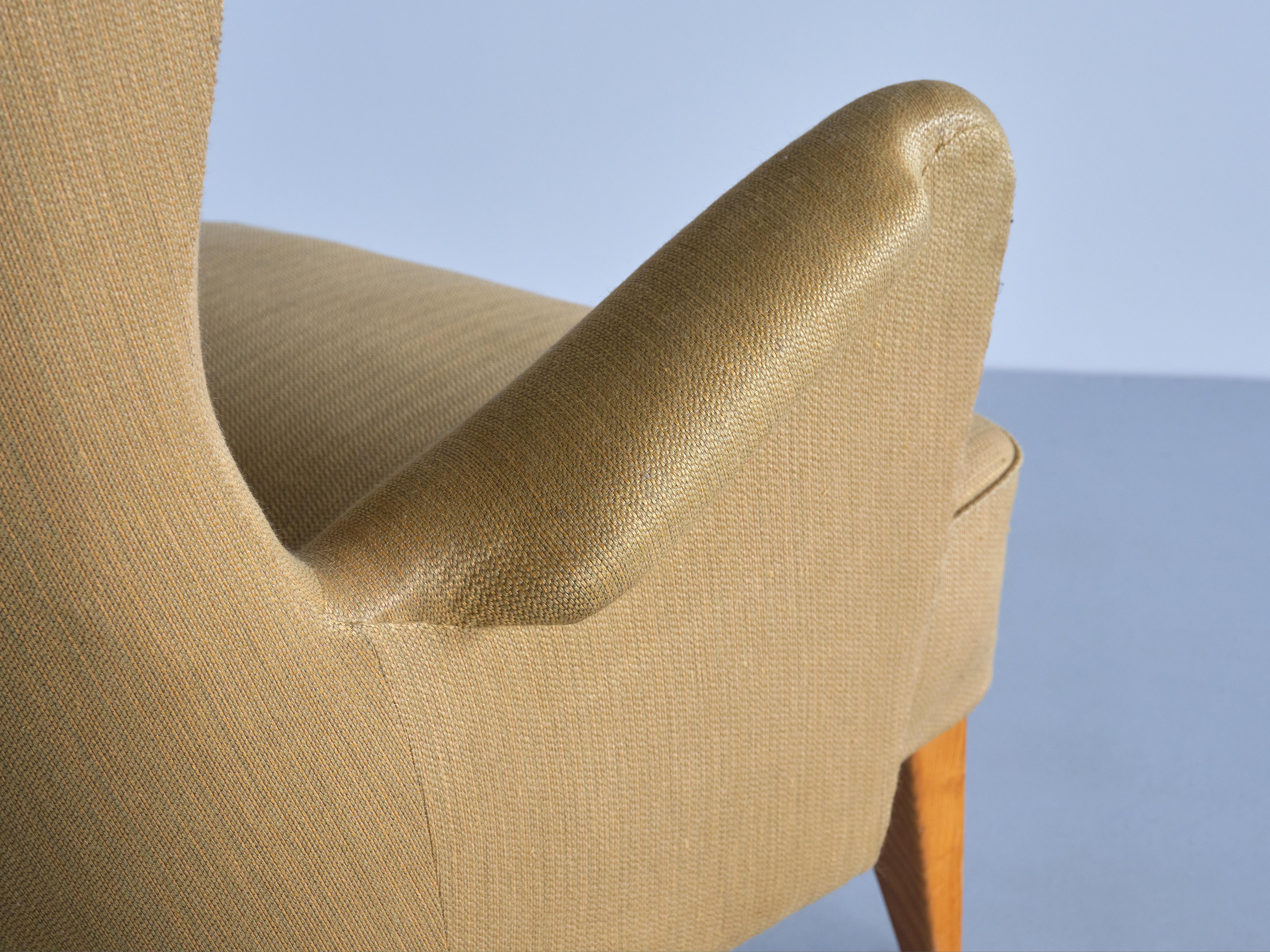 Gustav Axel Berg Attributed Wingback Chair in Yellow Wool and Elm, Sweden, 1940s For Sale 1