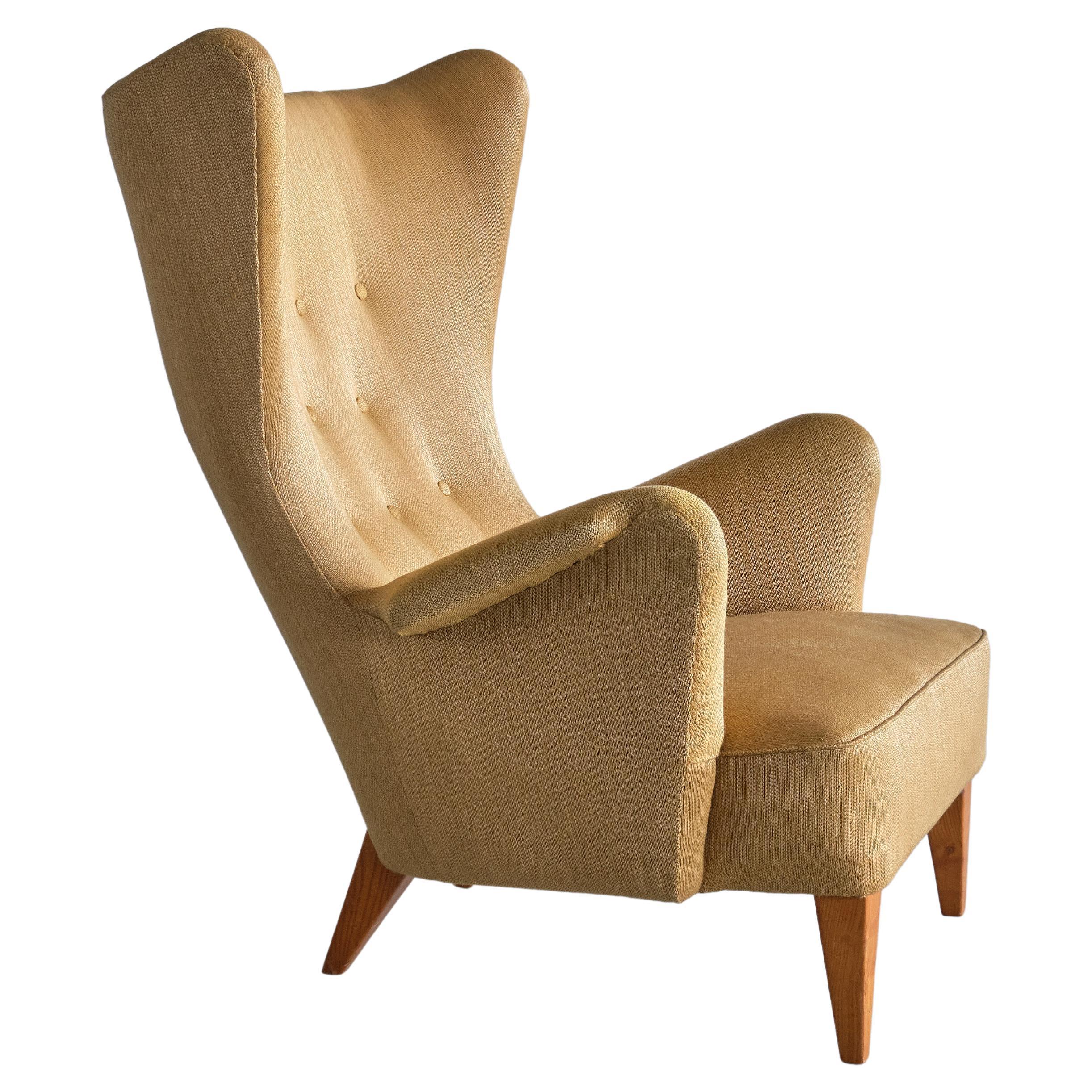 Gustav Axel Berg Attributed Wingback Chair in Yellow Wool and Elm, Sweden, 1940s For Sale
