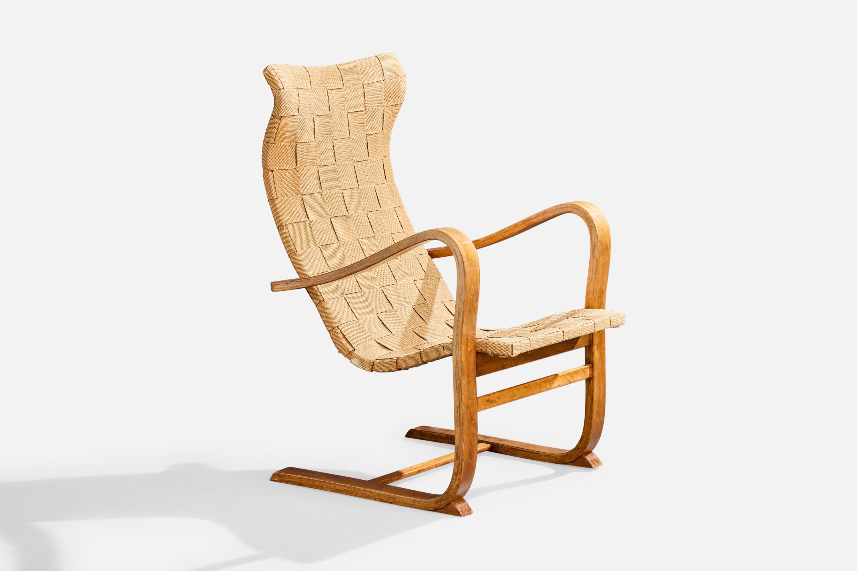 Gustav Axel Berg, Silla de salón, madera curvada, cinchas, Suecia, años 40 Escandinavo moderno en venta