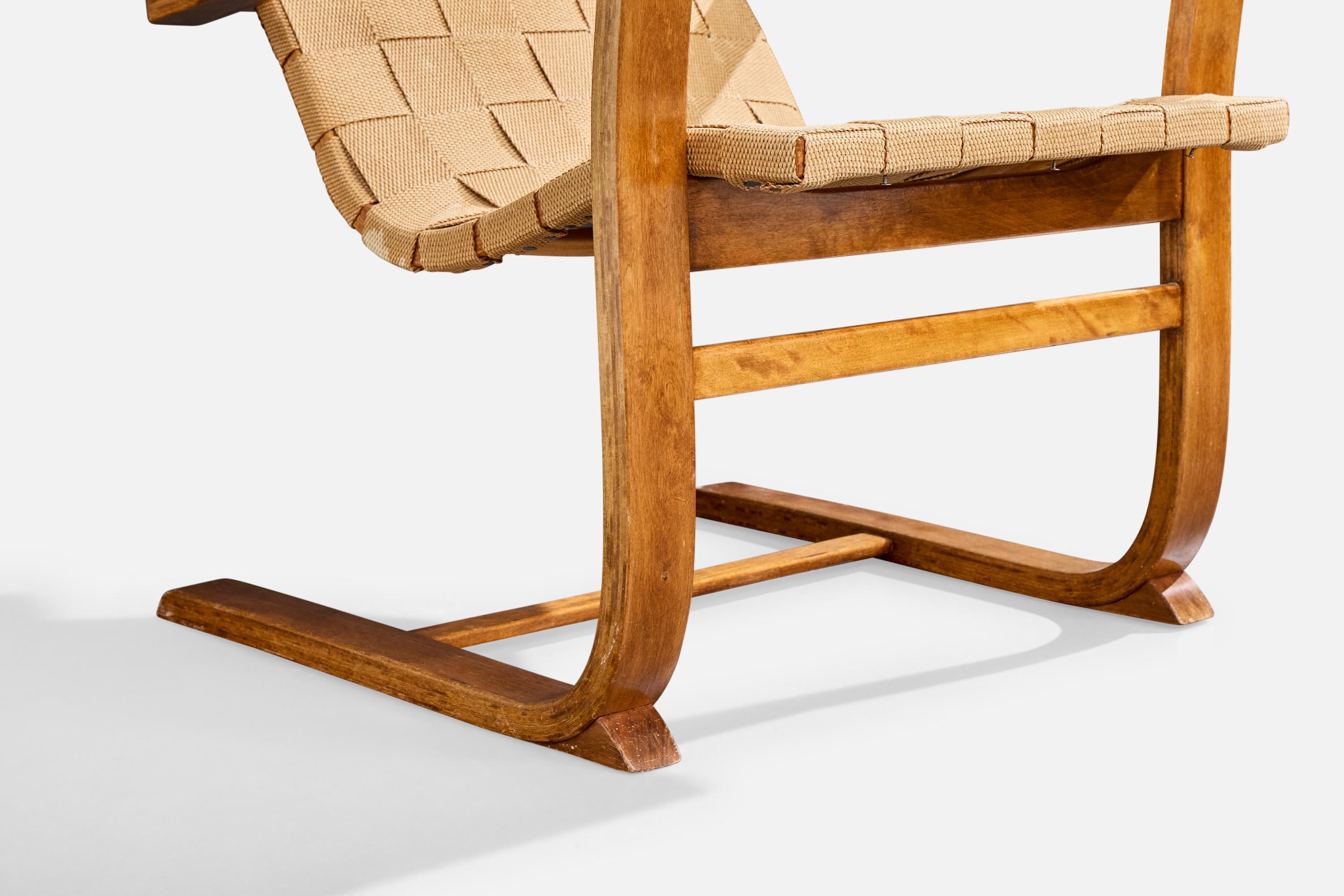 Gustav Axel Berg, Silla de salón, madera curvada, cinchas, Suecia, años 40 Sueco en venta