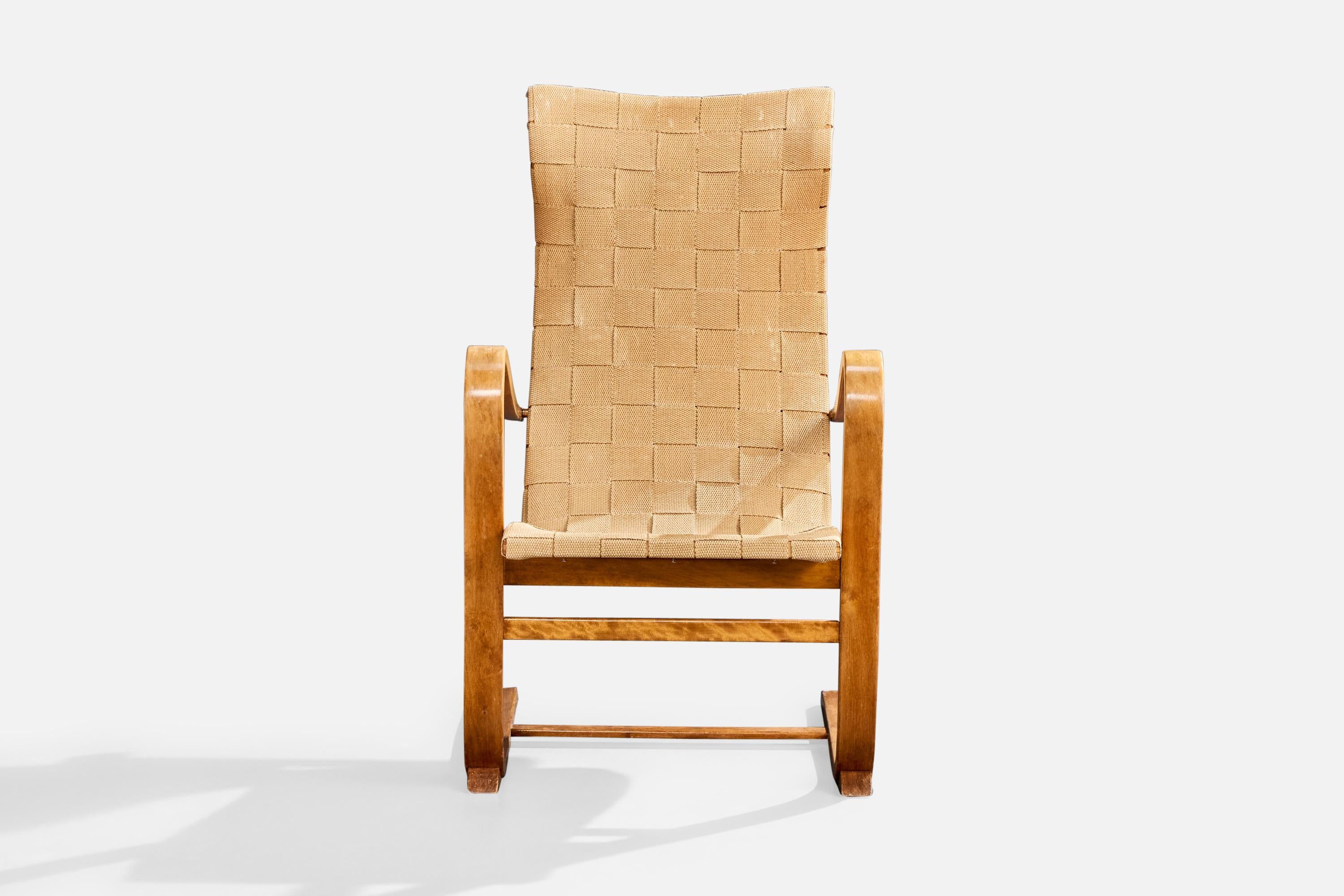 Gustav Axel Berg, Silla de salón, madera curvada, cinchas, Suecia, años 40 mediados del siglo XX en venta