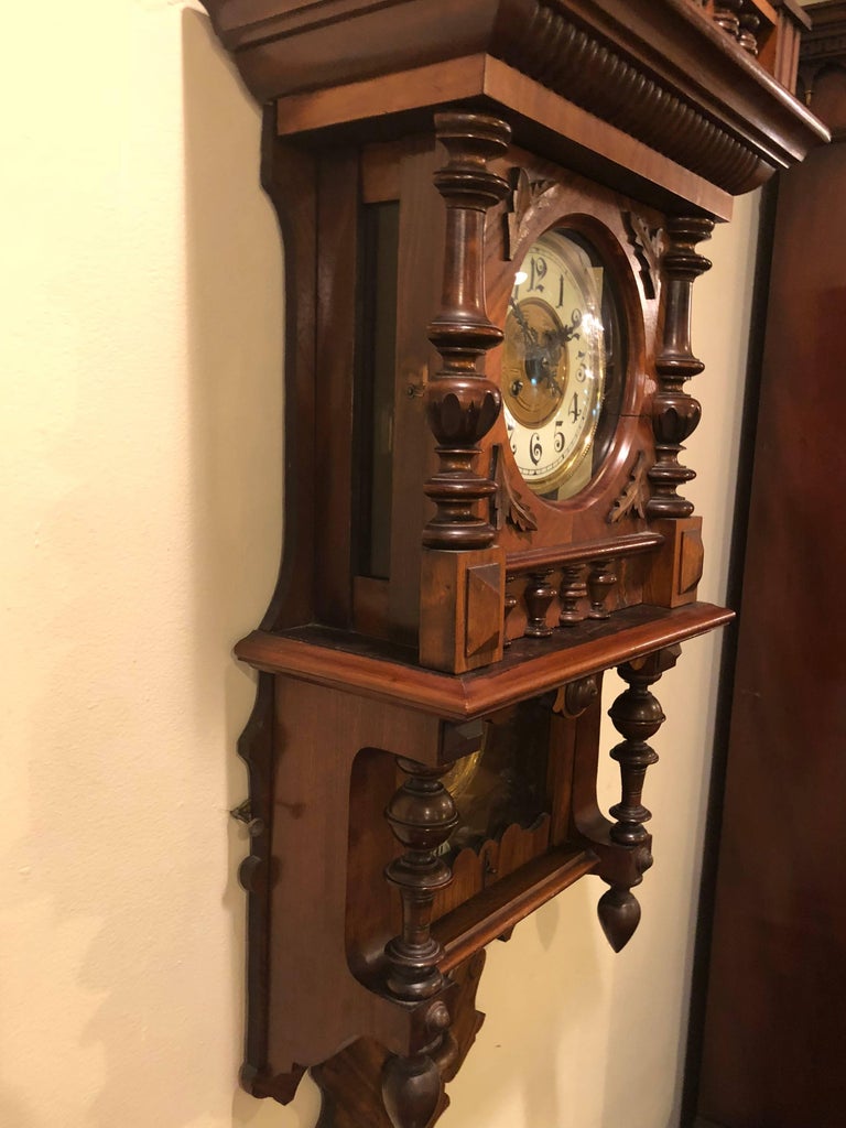 Gustav Becker Style Victorian Wall Clock with Key and Pendulum Signed