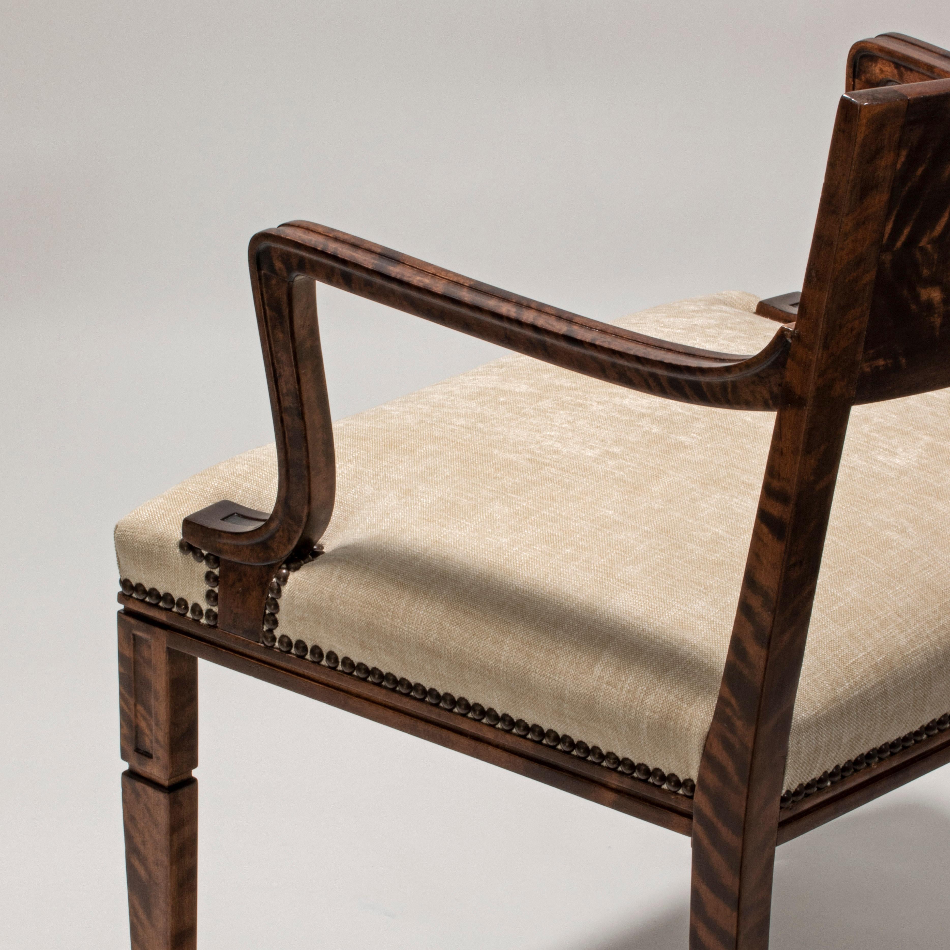 Gustav Bergström, Swedish Grace Period Quilted Birch and Marquetry Armchair For Sale 1