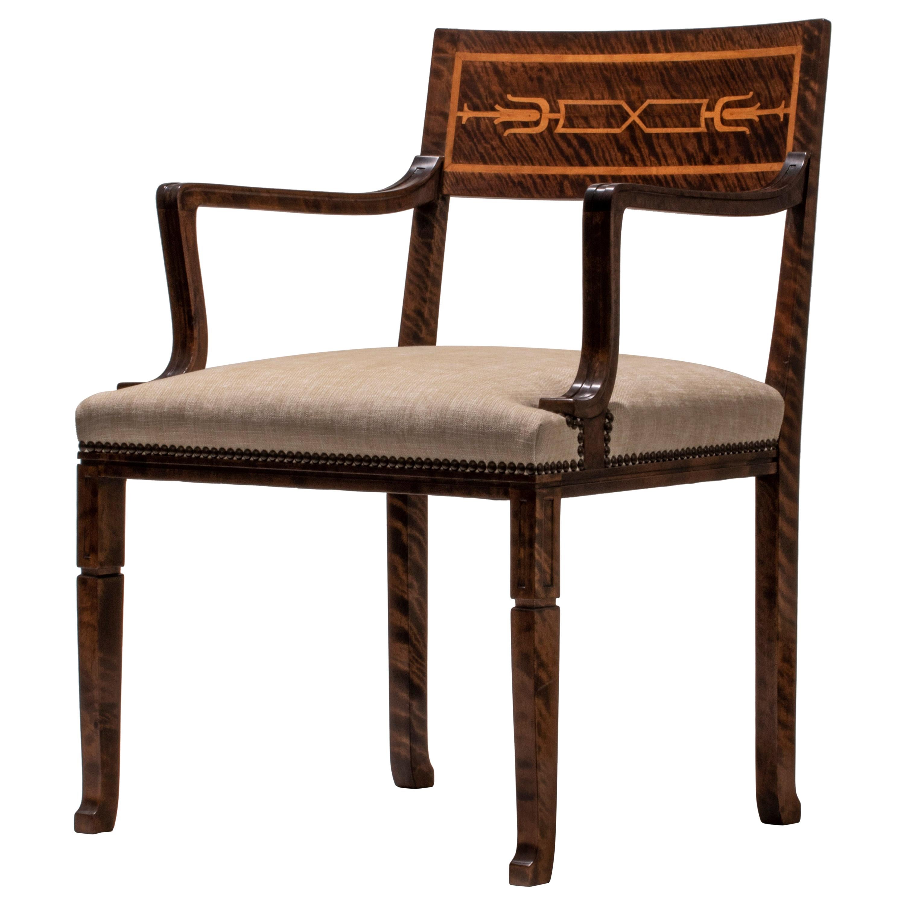 Gustav Bergström, Swedish Grace Period Quilted Birch and Marquetry Armchair For Sale