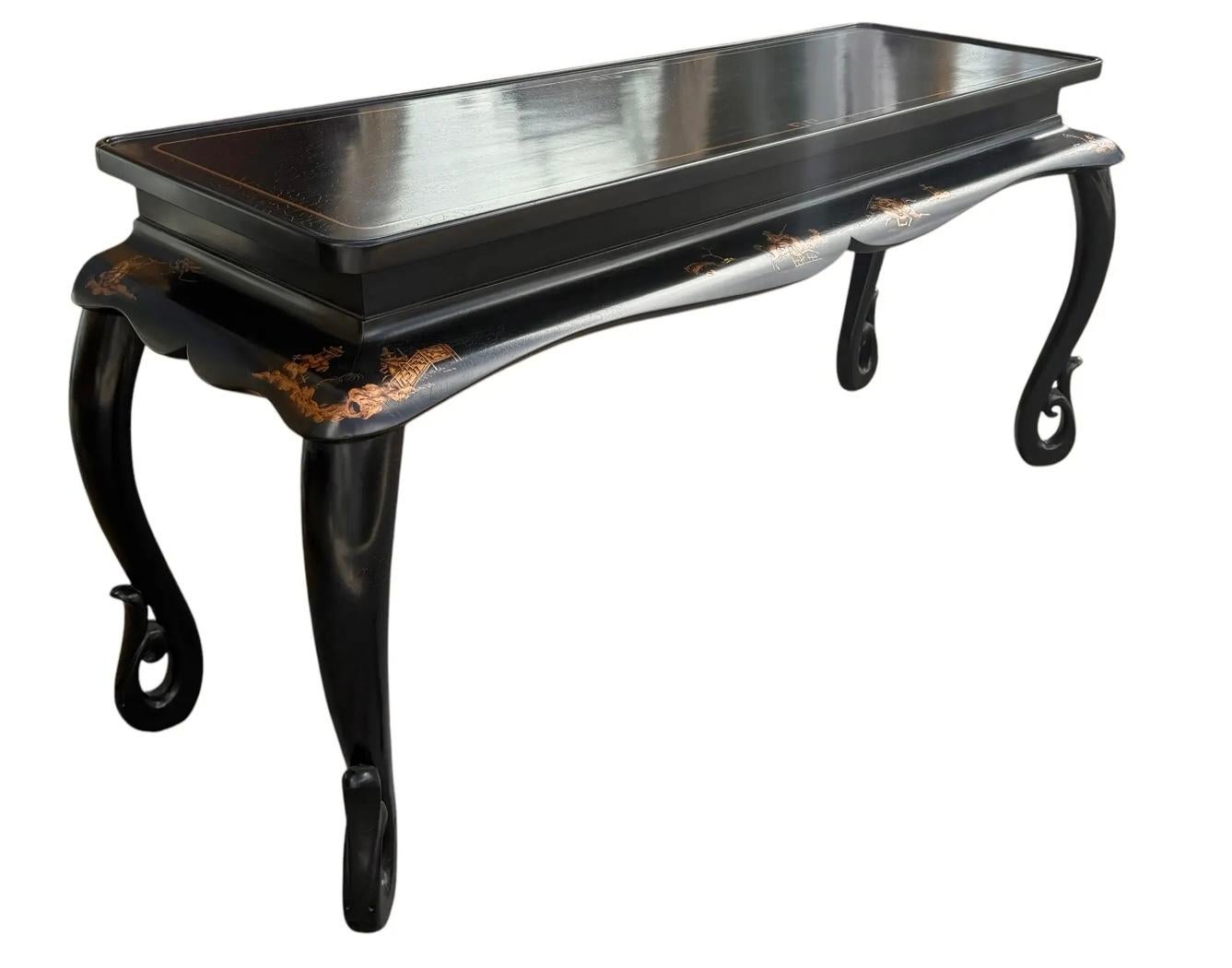 American Gustav Carroll Black Ming Style Chinoiserie Console Table For Sale