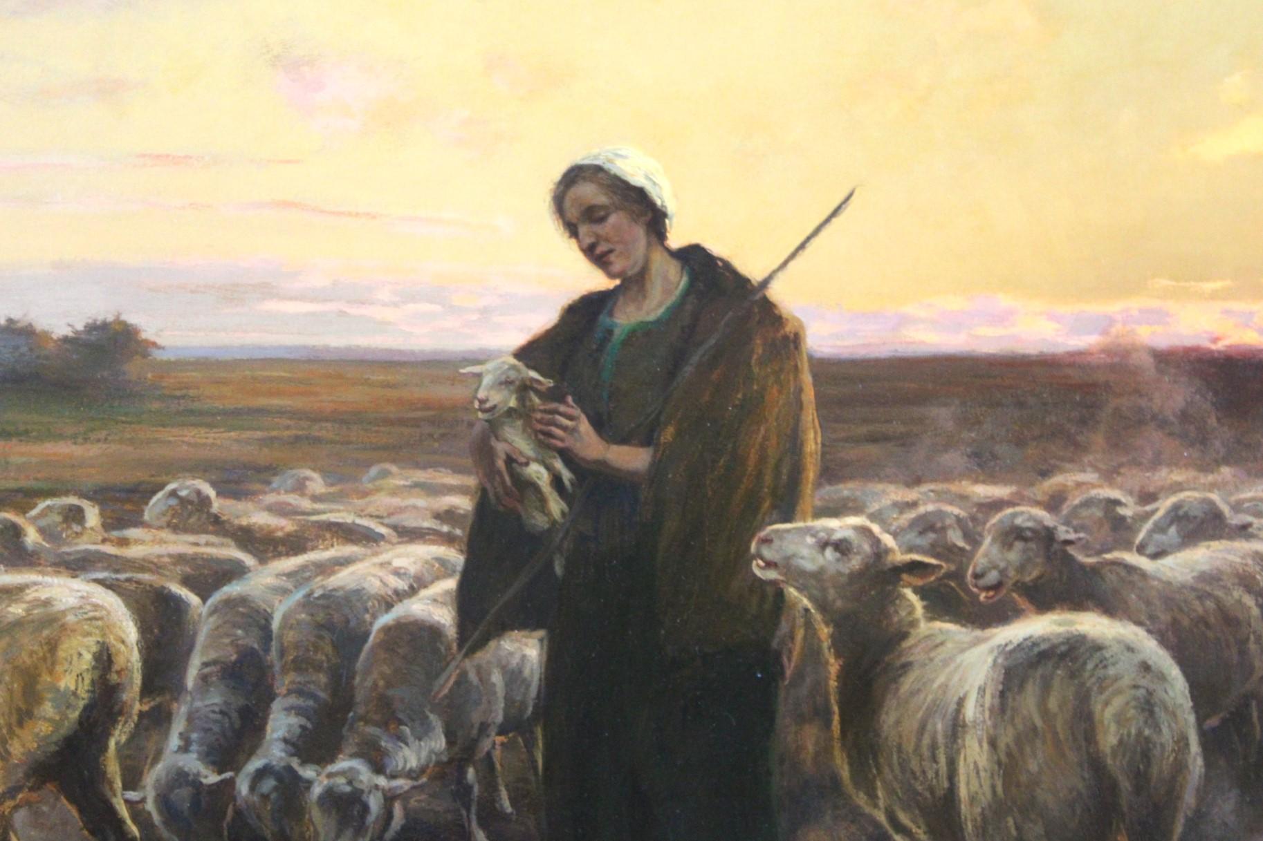 La pastora con su rebaño, Pintura original al óleo sobre lienzo - Landscape Painting Marrón de Gustav Doring