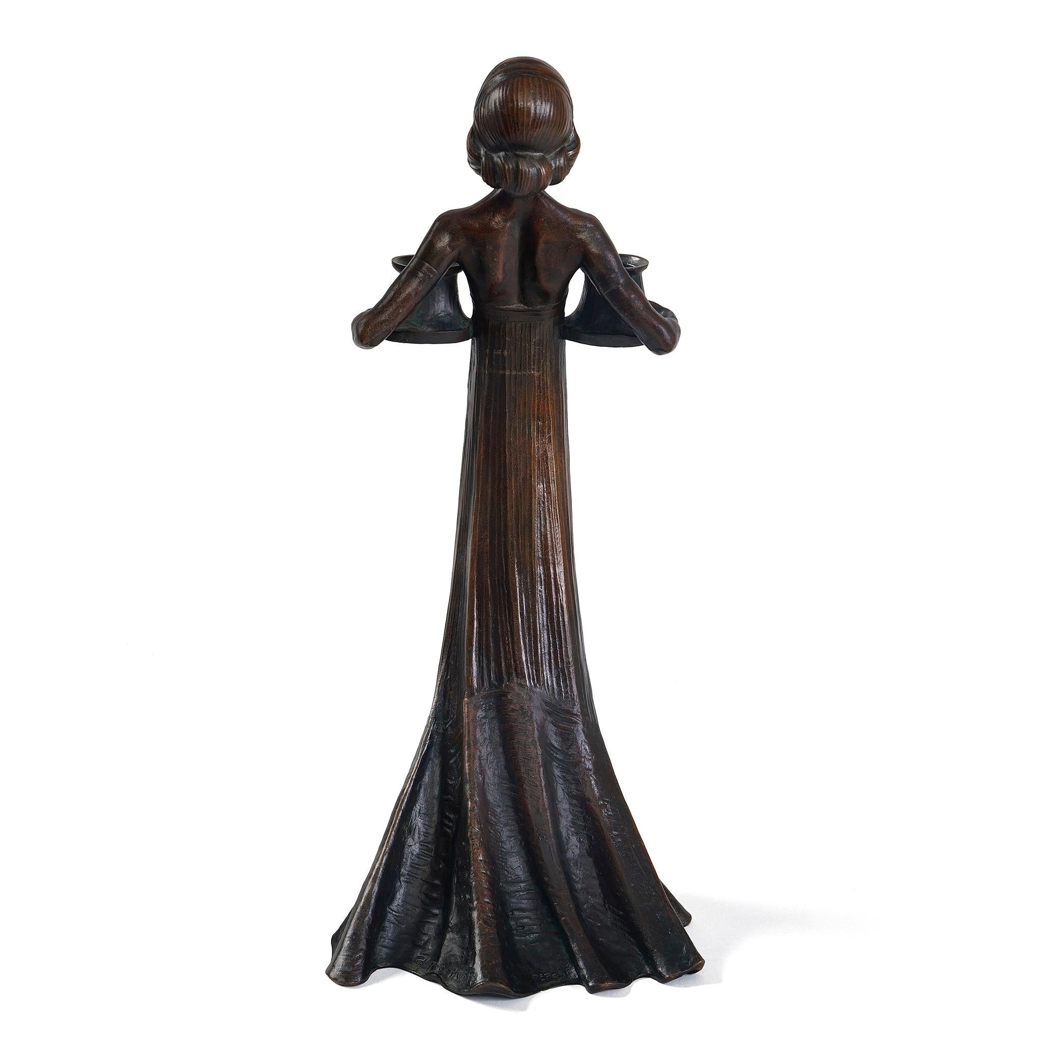 Art Nouveau Gustav Gurschner Bronze Female Figure Candelabrum