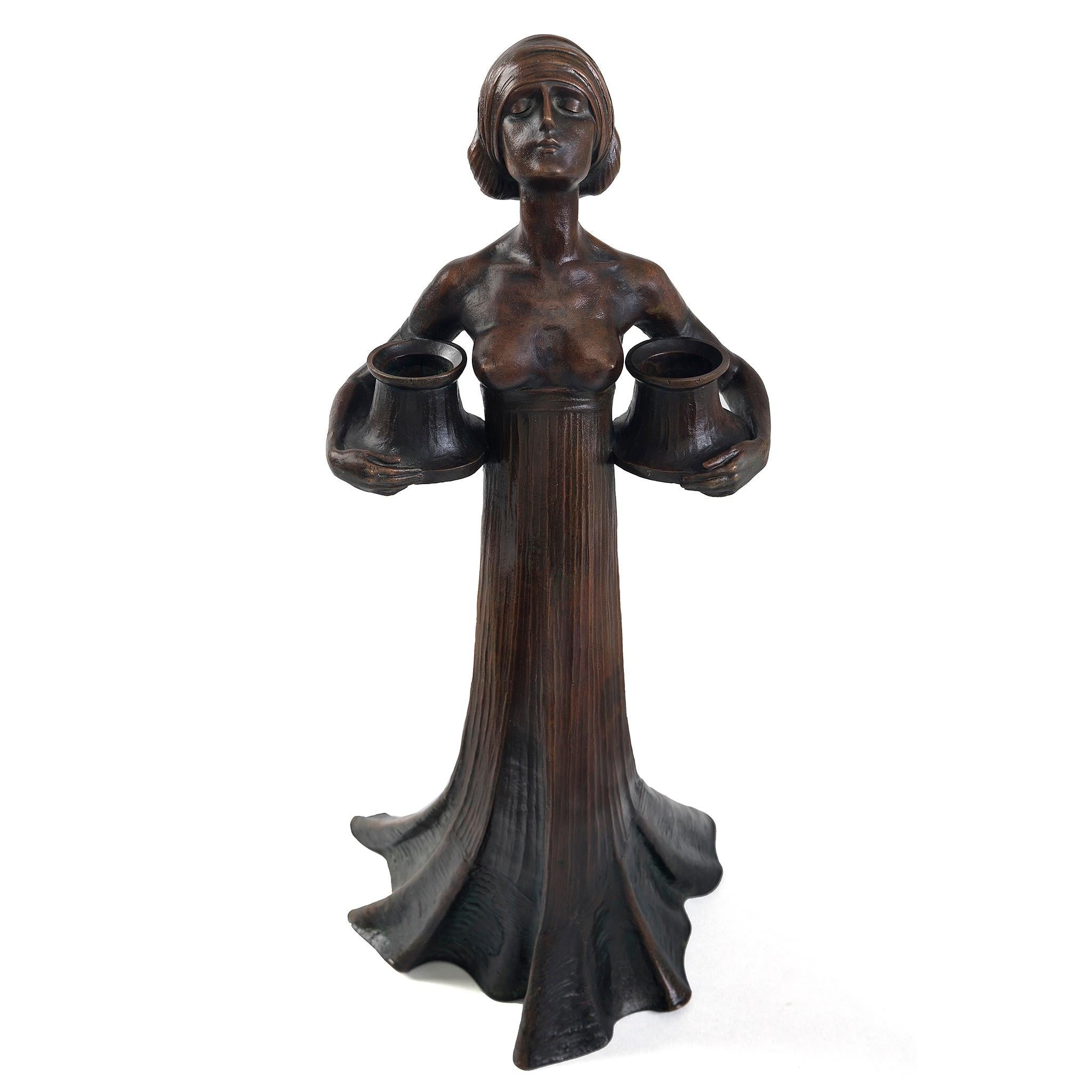 Patinated Gustav Gurschner Bronze Female Figure Candelabrum