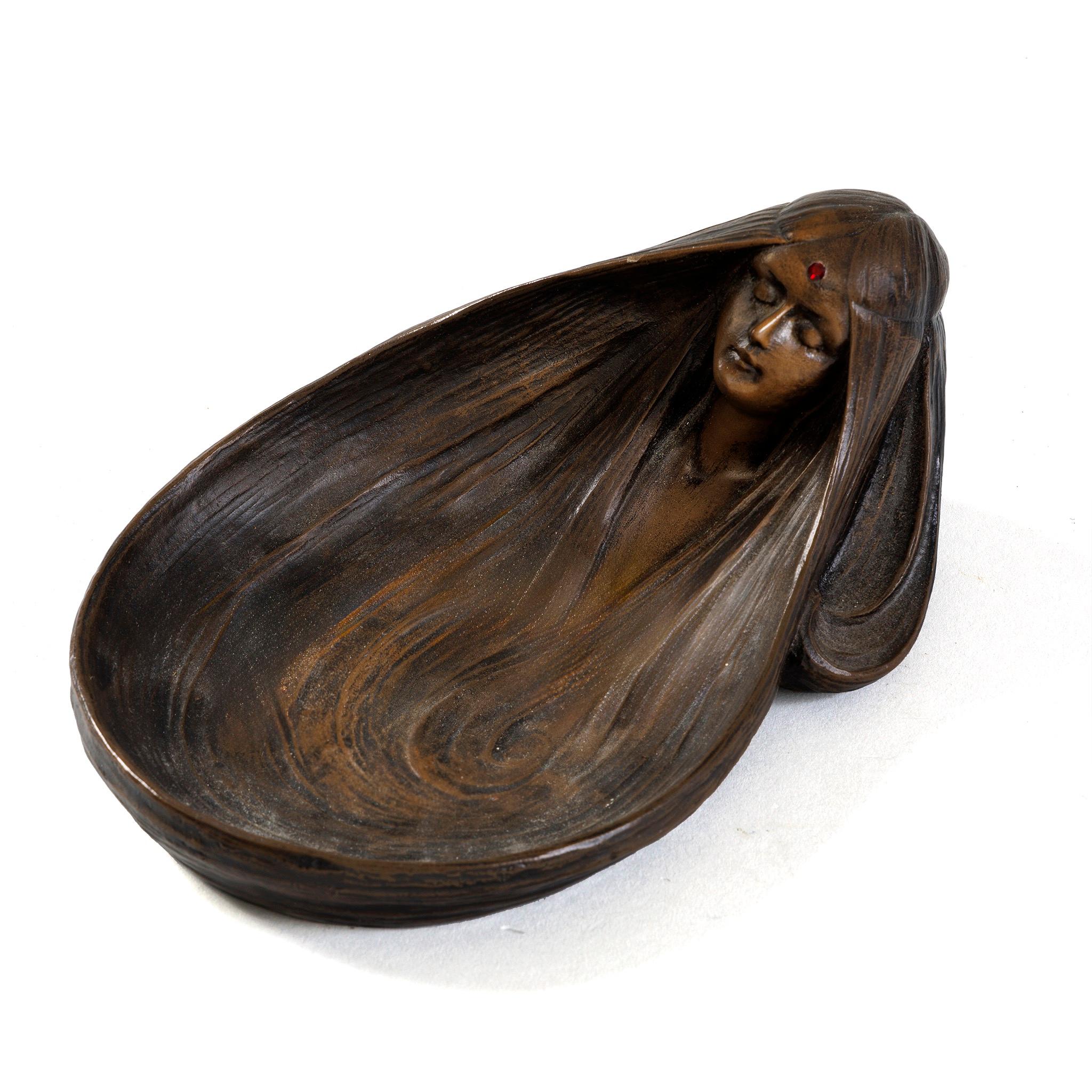 Art Nouveau Gustav Gurschner “Symbolist Reverie” Bronze Pin Tray For Sale