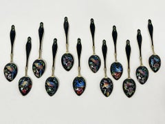 Gustav Hellstrøm enamel and gilt silver teaspoons, Norway, ca 1890