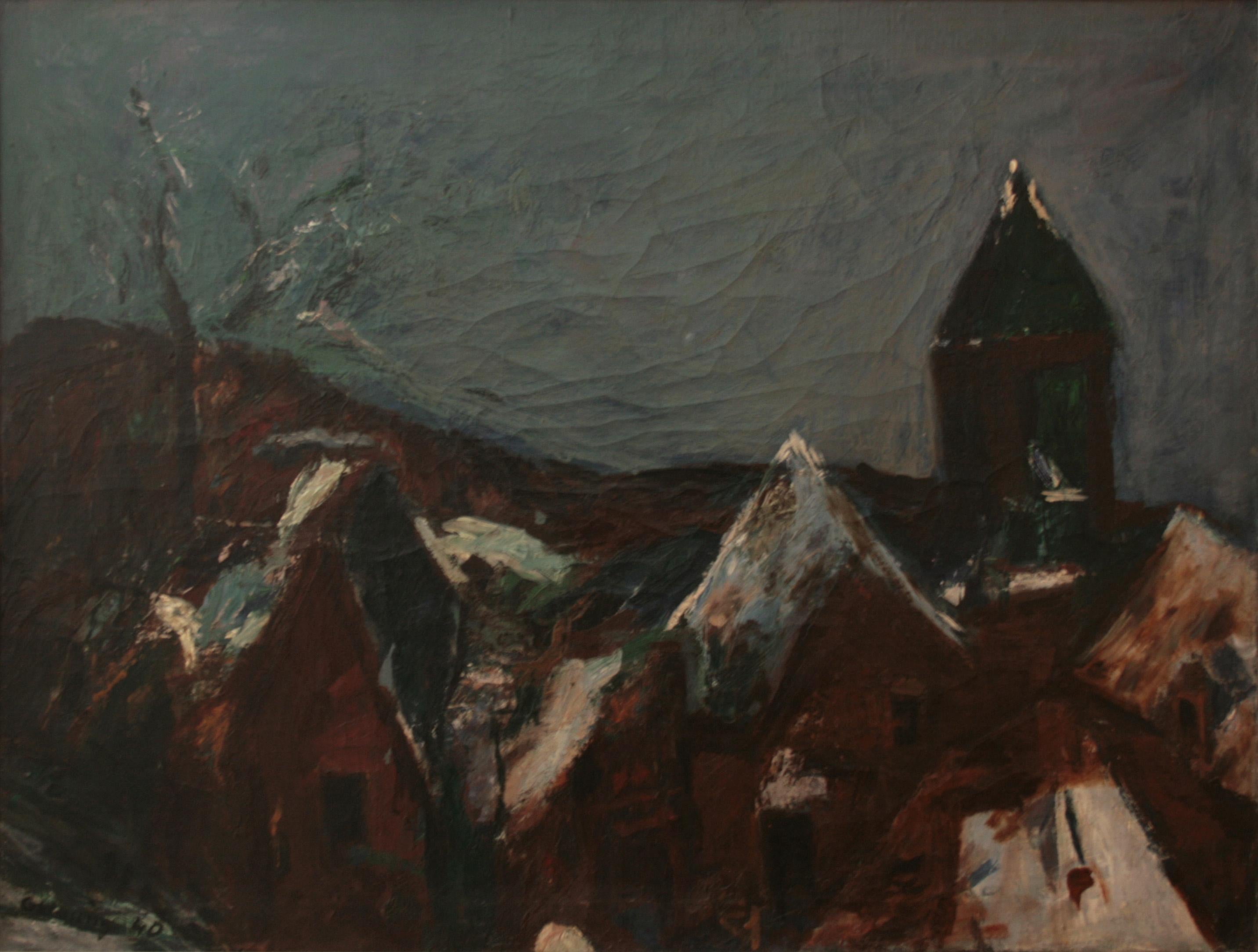 Paesaggio con case - Painting di Gustav Hessing