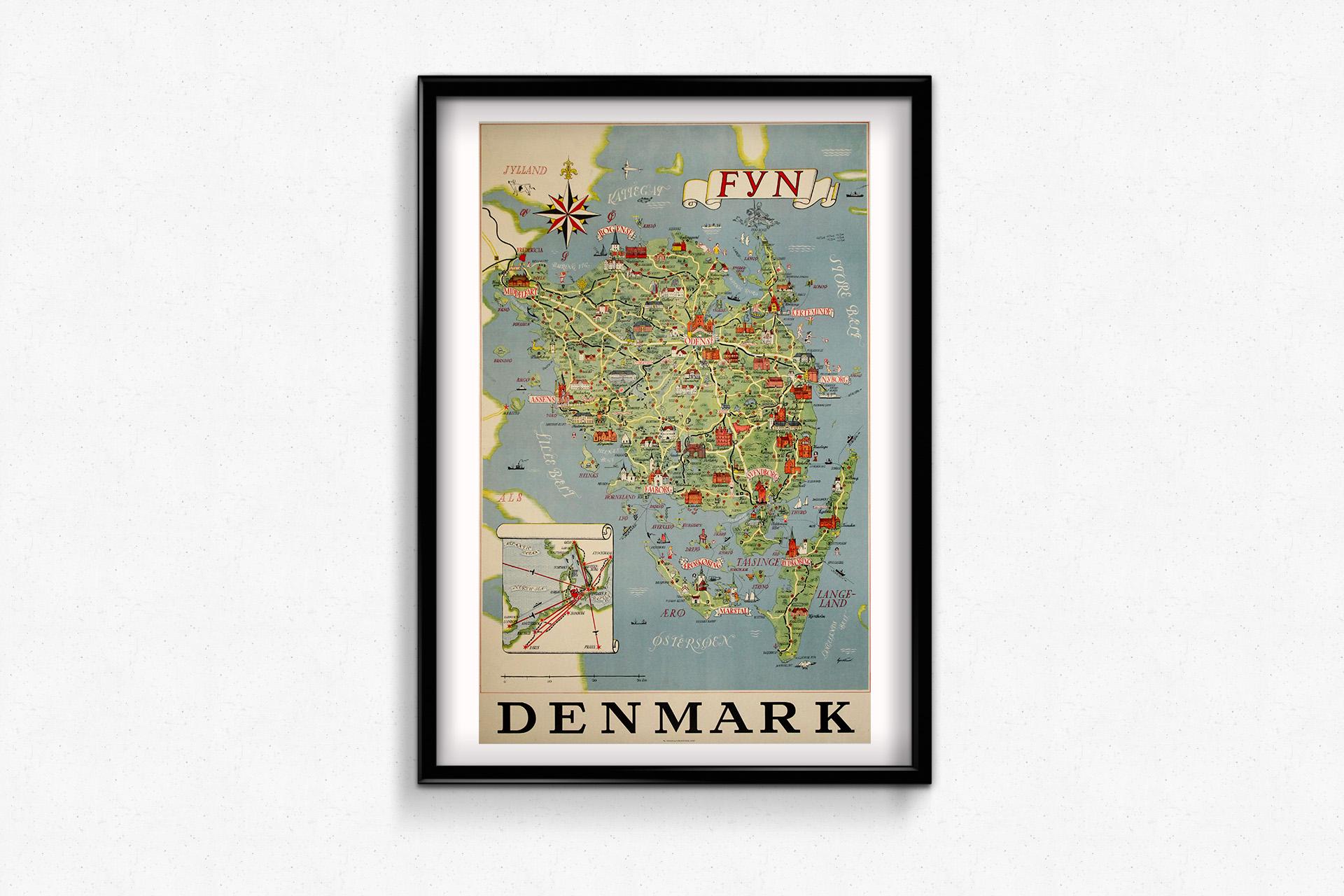 “FYN – Denmark” is a beautifully illustrated original travel poster from 1957, created by Danish artist Gustav Hjortlund. This captivating piece celebrates the island of Fyn (Funen)—often referred to as the “Garden of Denmark”—through a richly