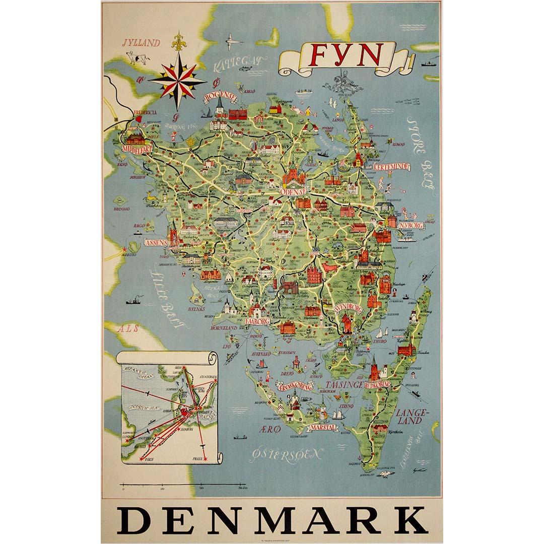 Gustav Hjortlund Print - “FYN – Denmark” illustrated original travel poster from 1957
