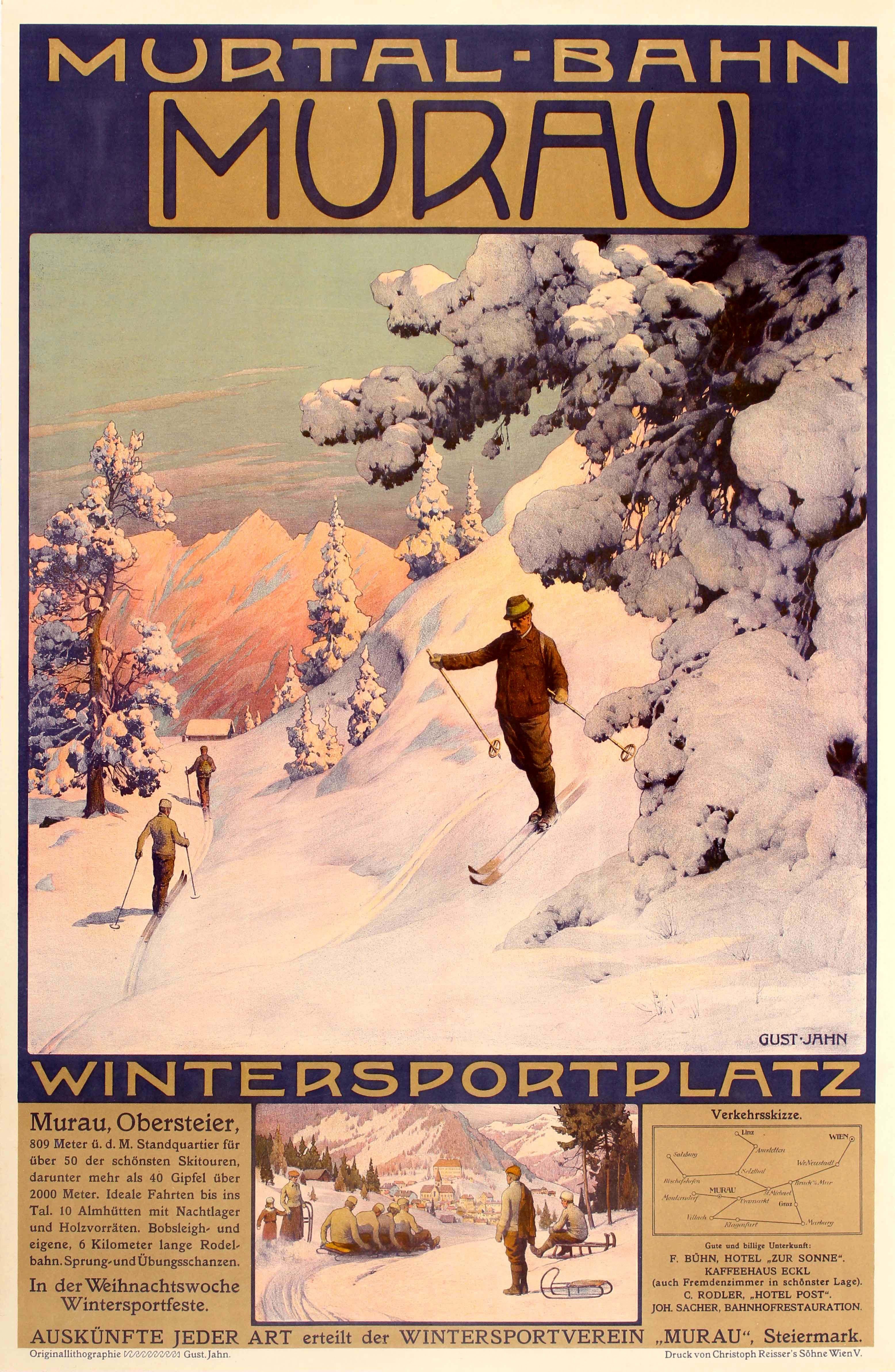 Gustav Jahn Print - Original Antique Winter Sport & Skiing Poster Murtal Bahn Railway Murau Austria
