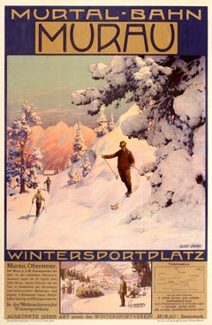 Original Antique Winter Sport & Skiing Poster Murtal Bahn Railway Murau Austria